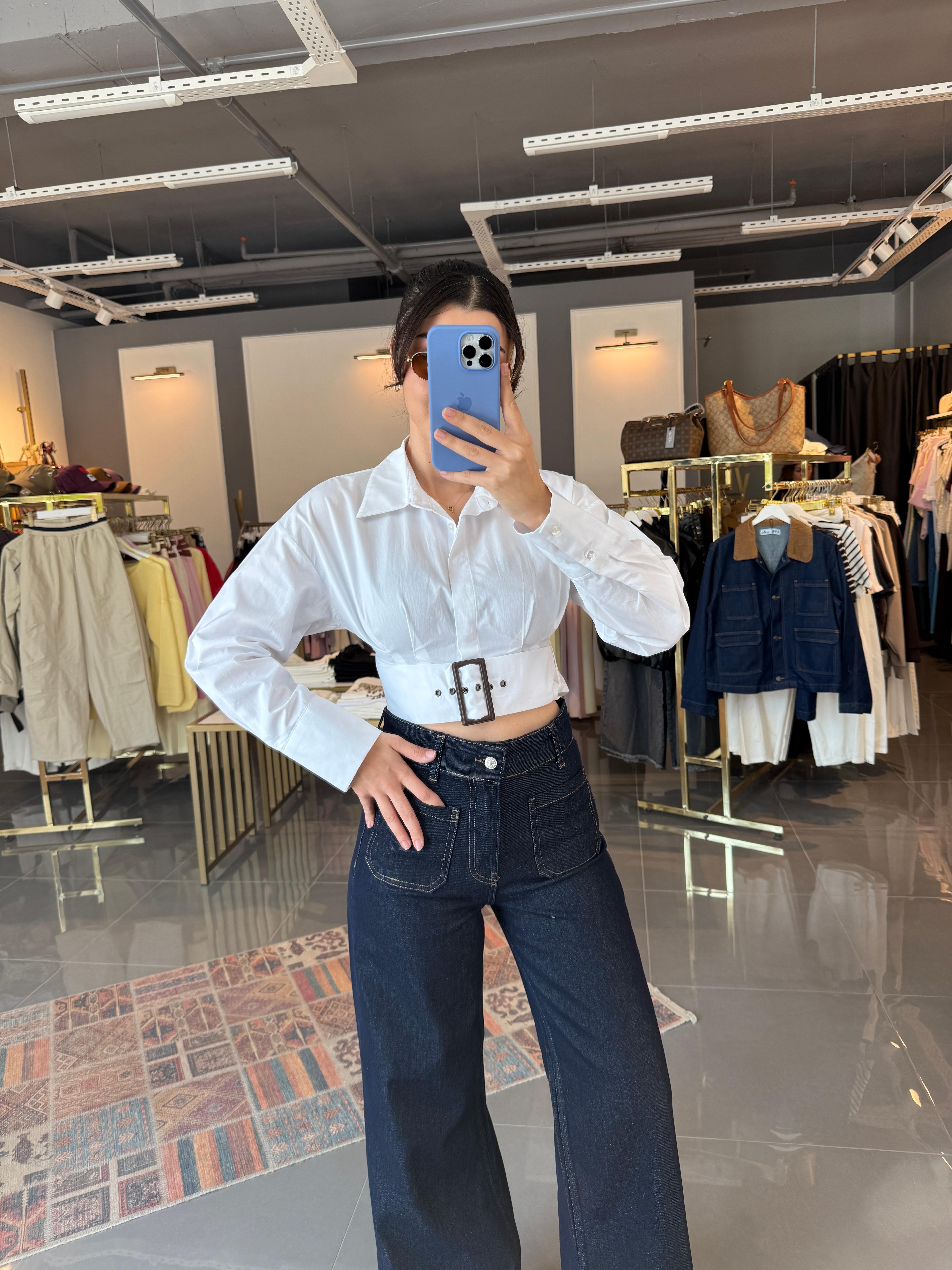 Beli Kemerli Crop Gömlek 