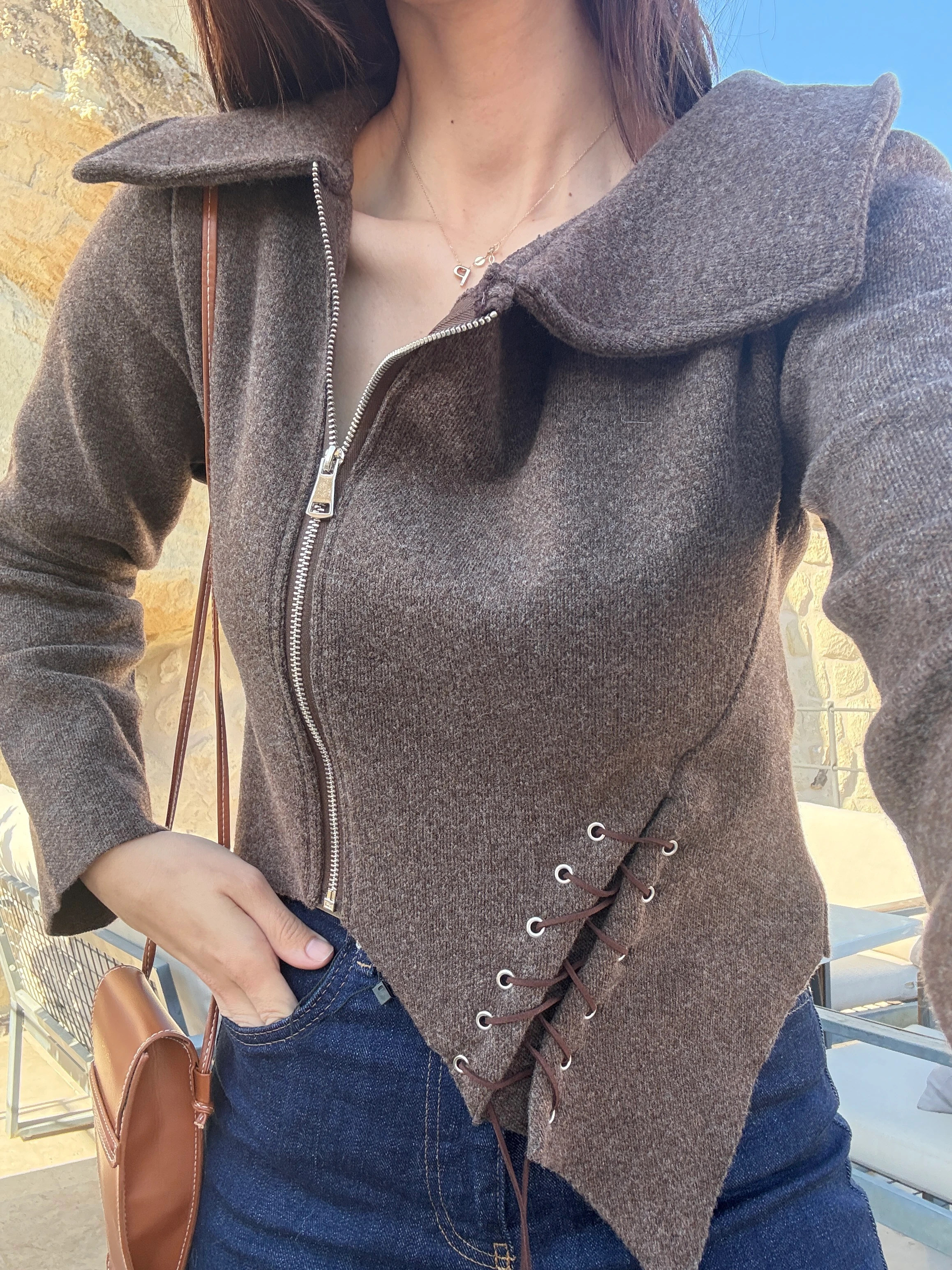 Bağcıklı Yan Yaka Triko Ceket 