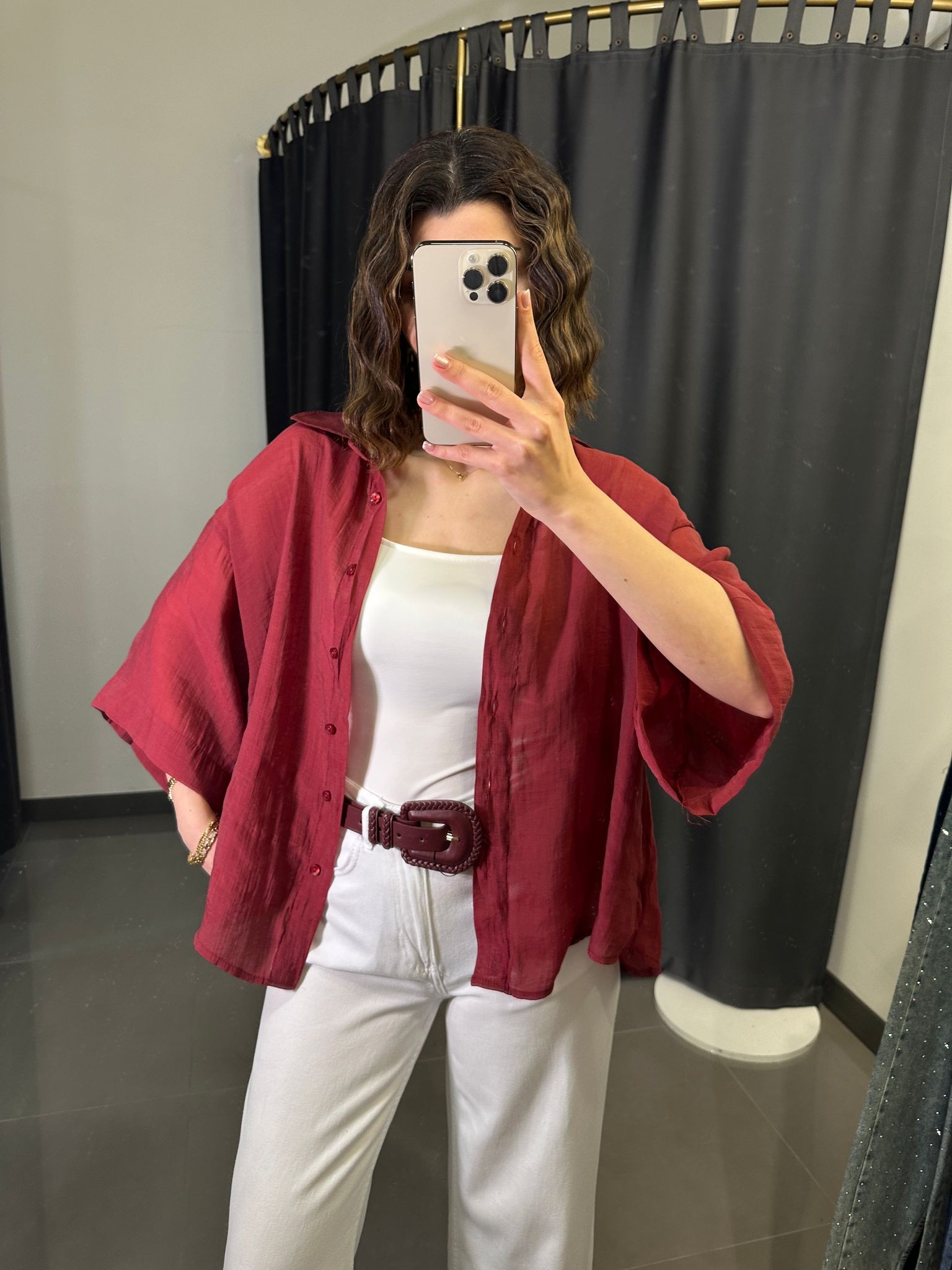 Oversize İpeksi Gömlek Bordo STD