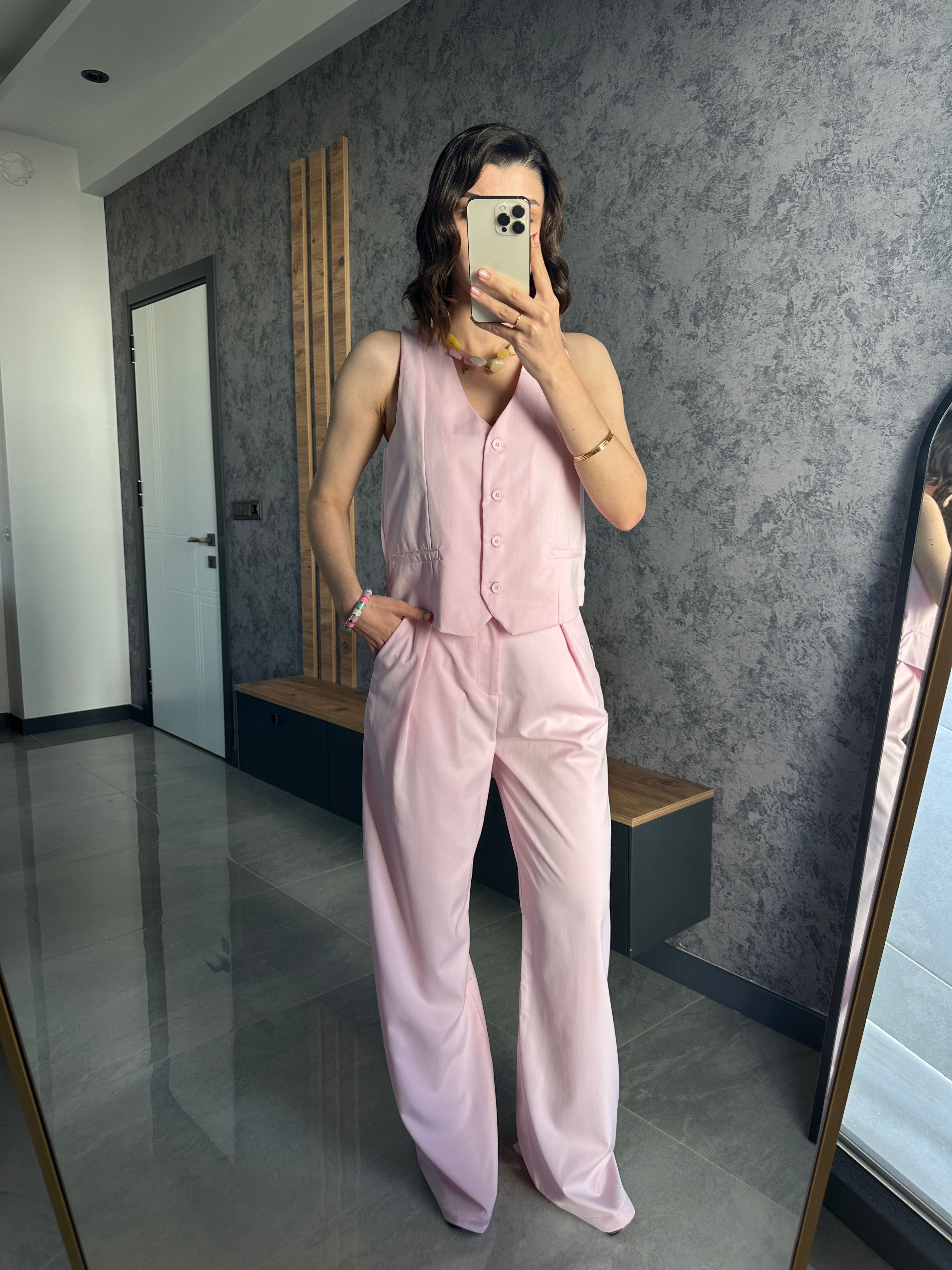 Lüks Kalite Kumaş Pantolon Yelek Takım Pembe