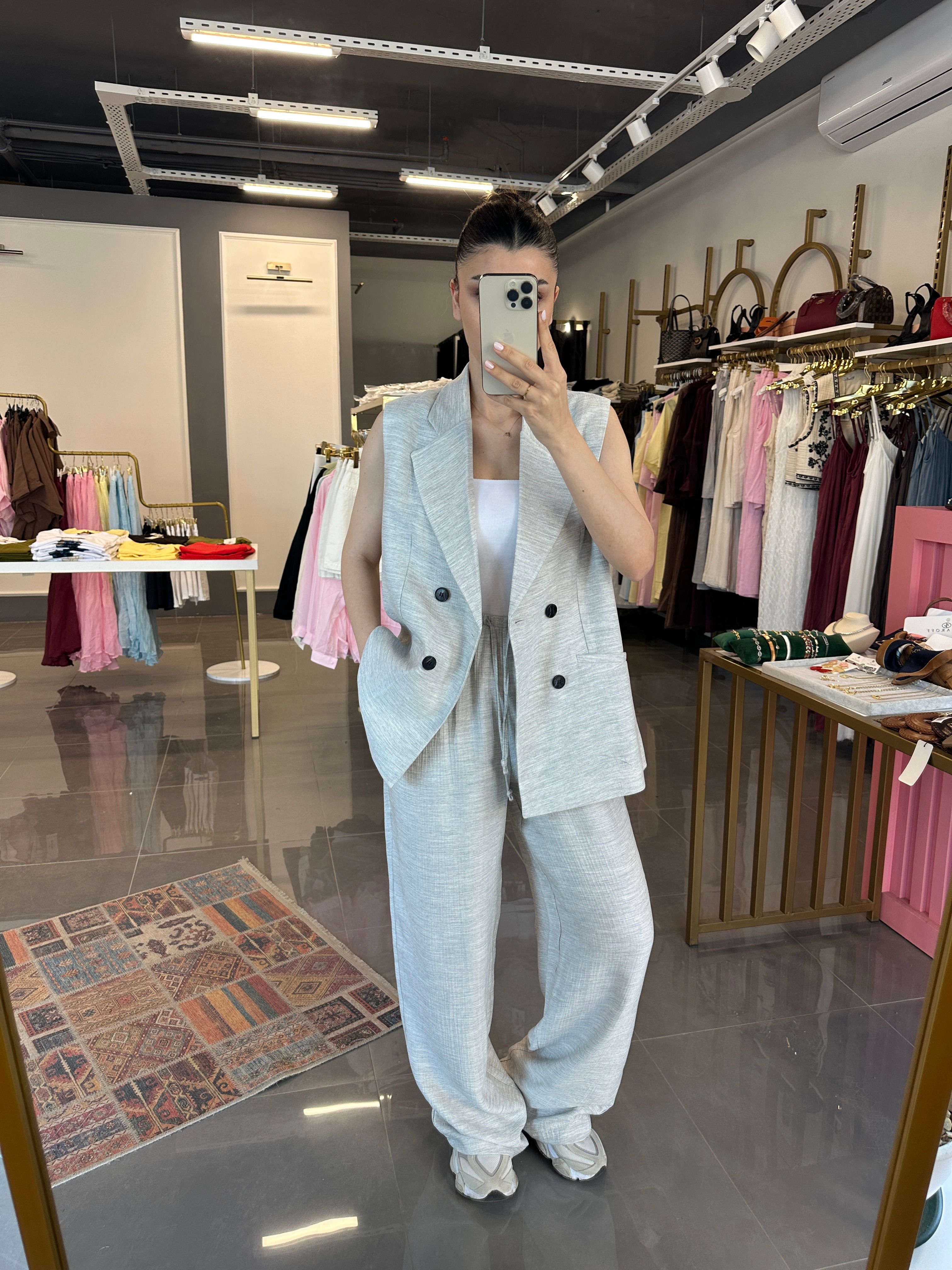 Oversize Yelek Pantolon Müslin Takım Gri