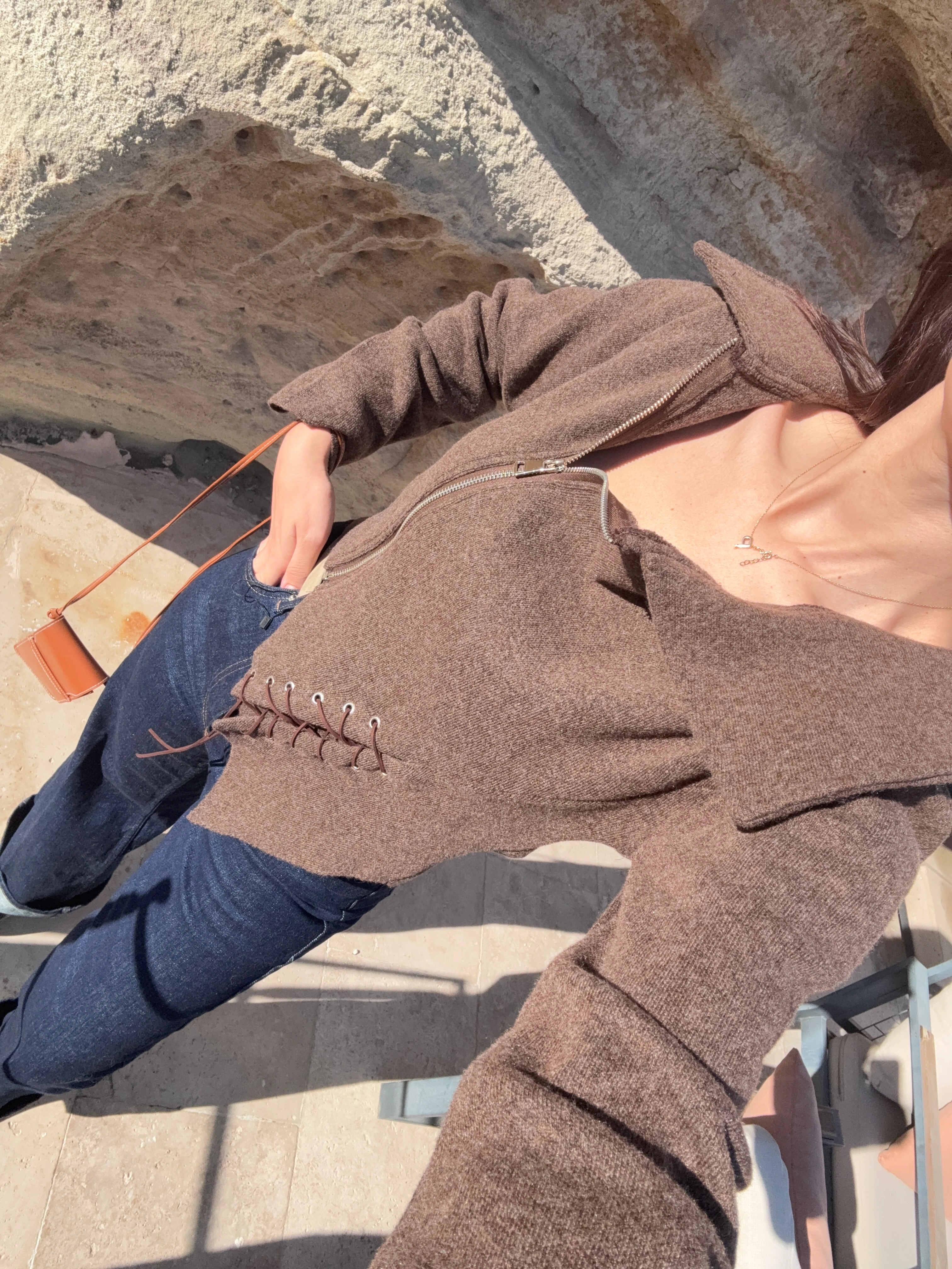 Bağcıklı Yan Yaka Triko Ceket 