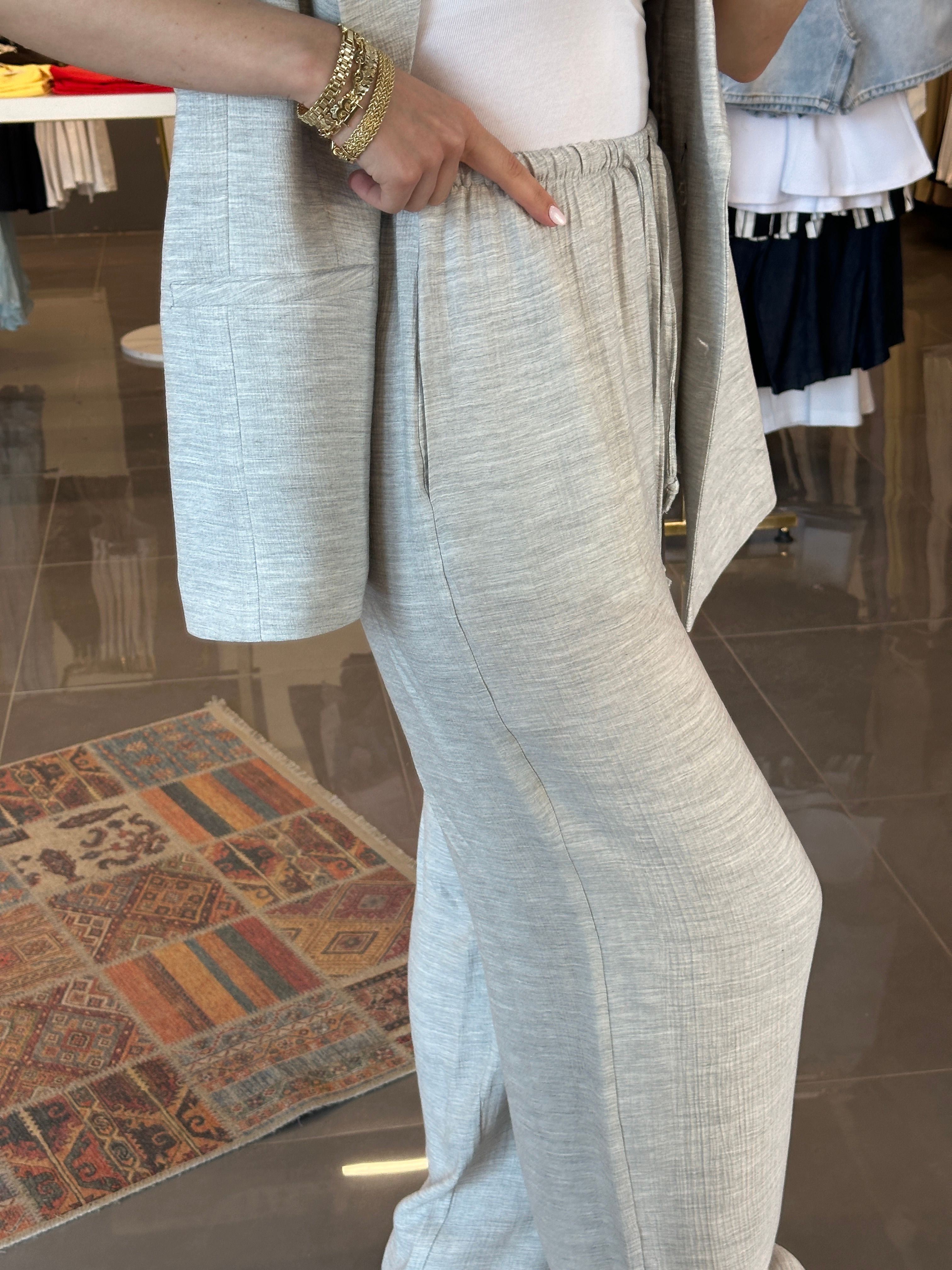 Oversize Yelek Pantolon Müslin Takım Gri