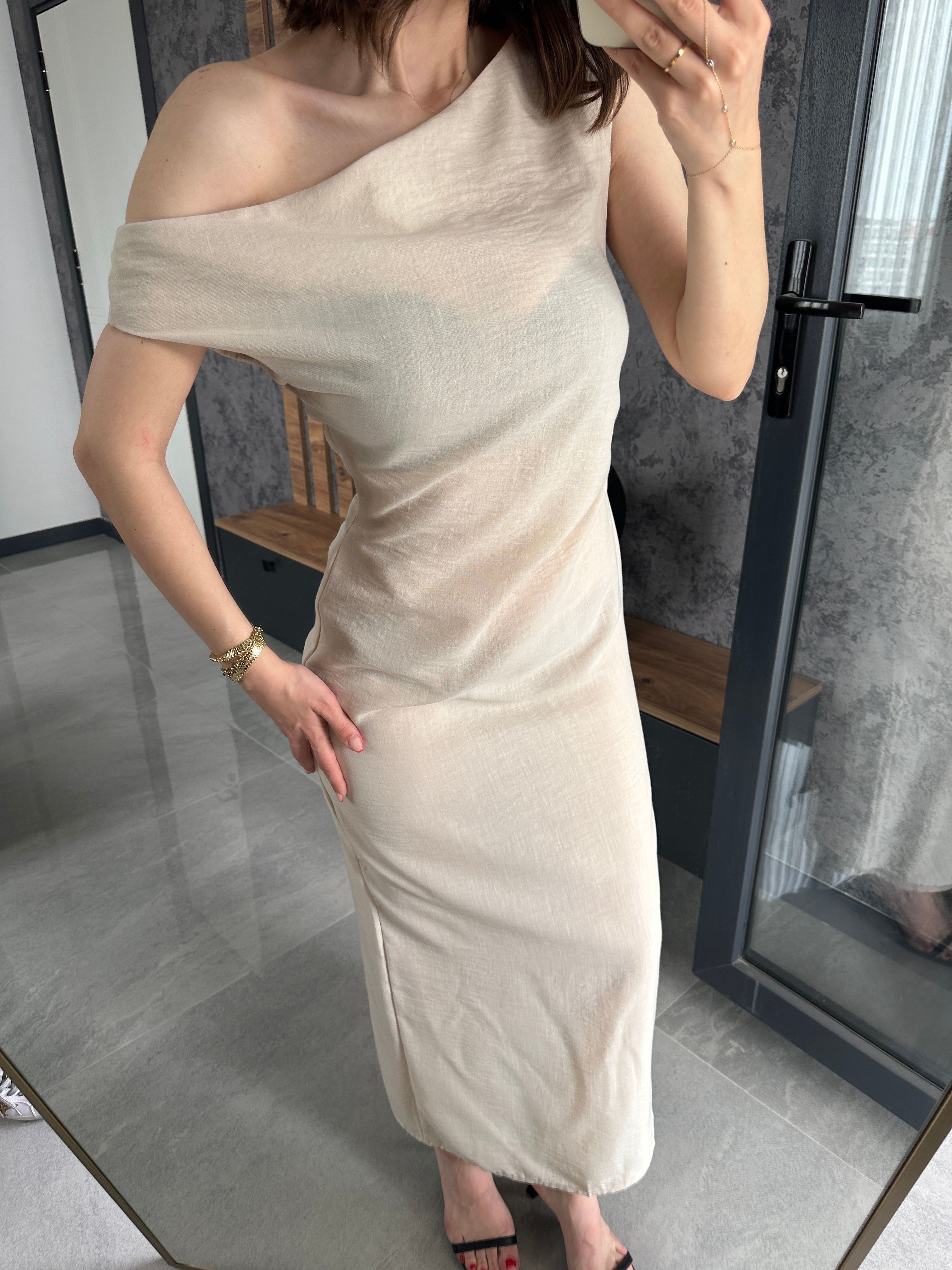 Ham Keten Drape Detay Elbise