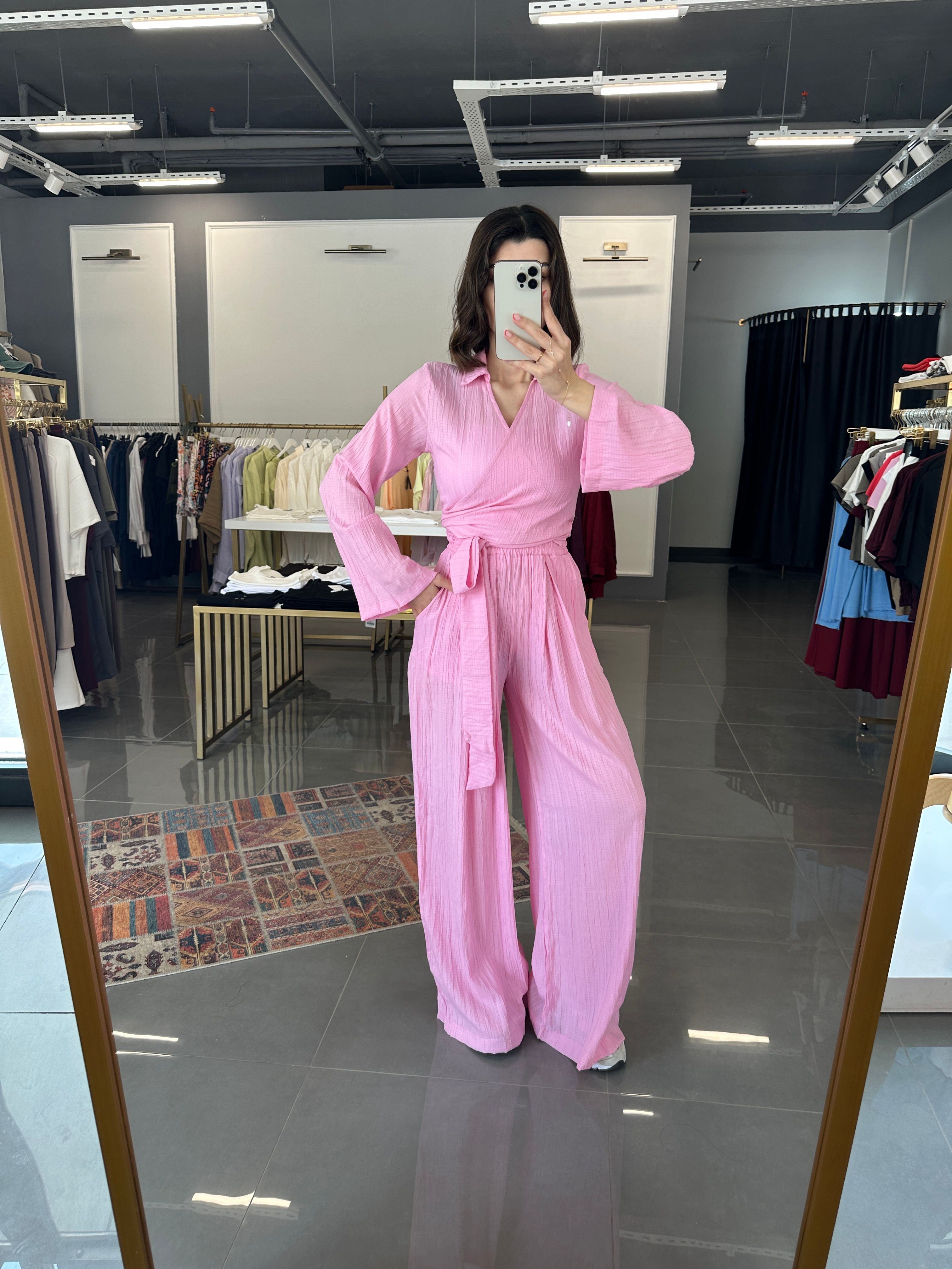 Gofre Kumaş Tasarım Takım Pembe 