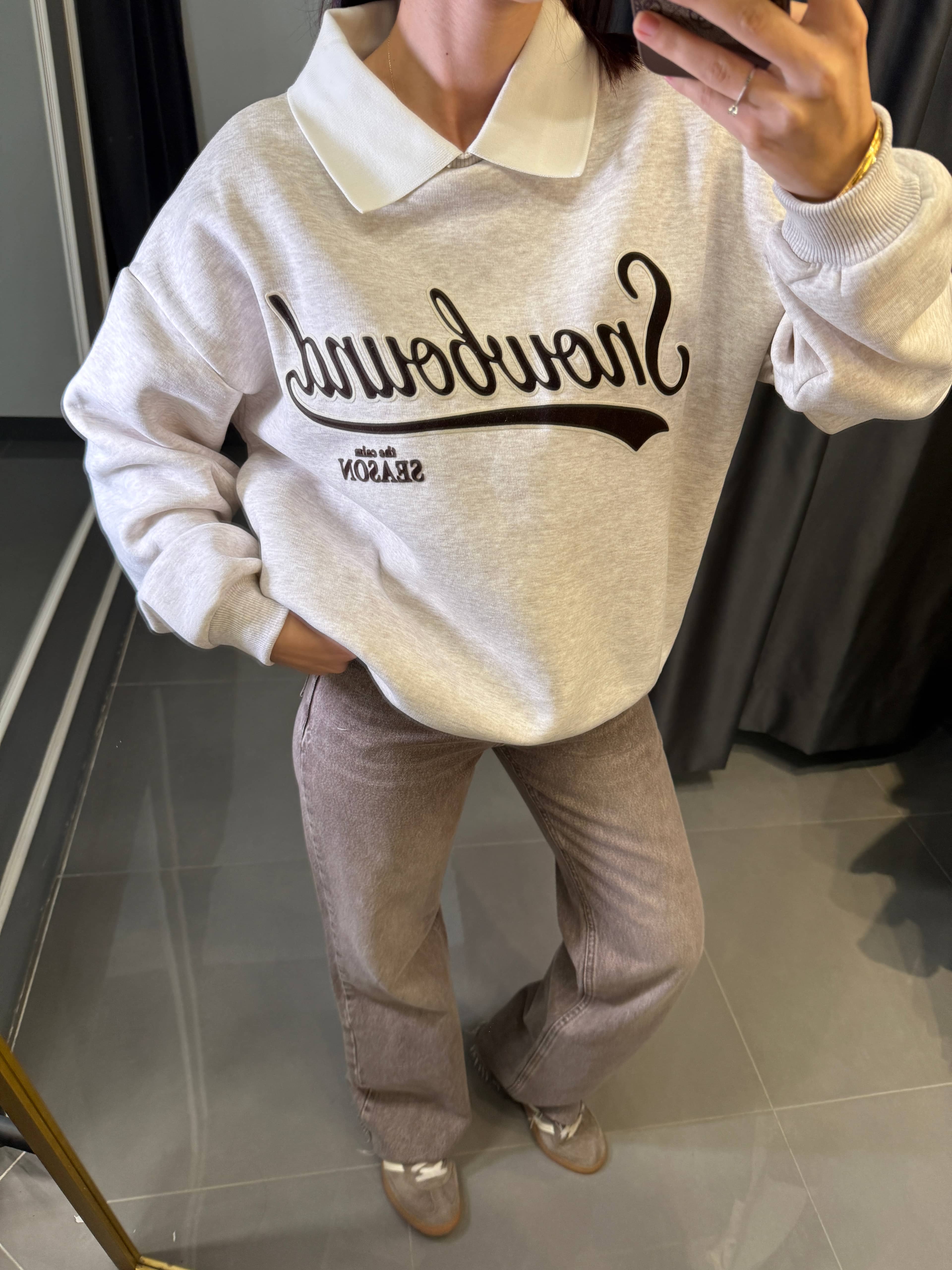 Oversize Şardonlu Gömlek Yaka Sweats