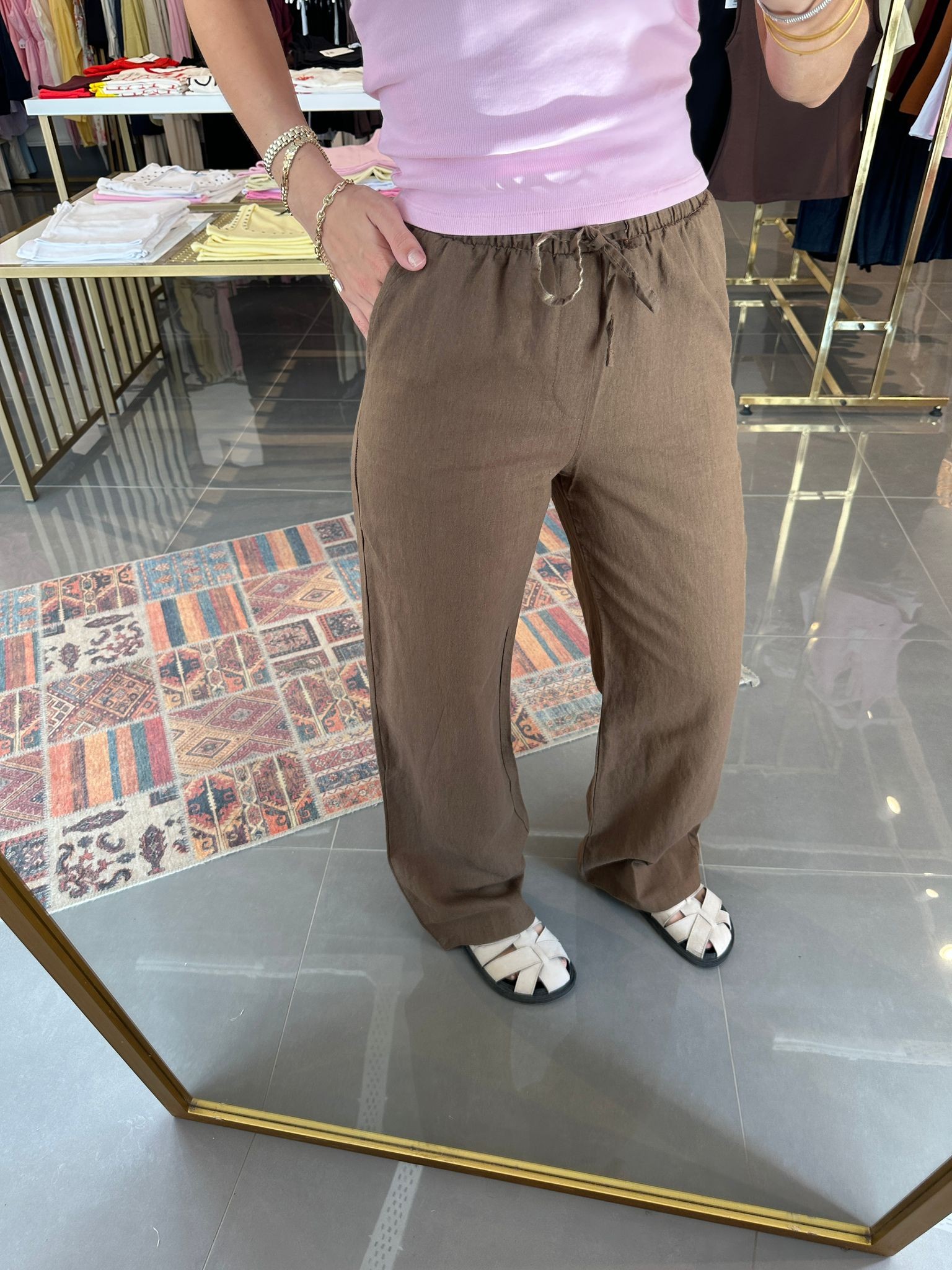 Ham Keten Bağcıklı Pantolon 