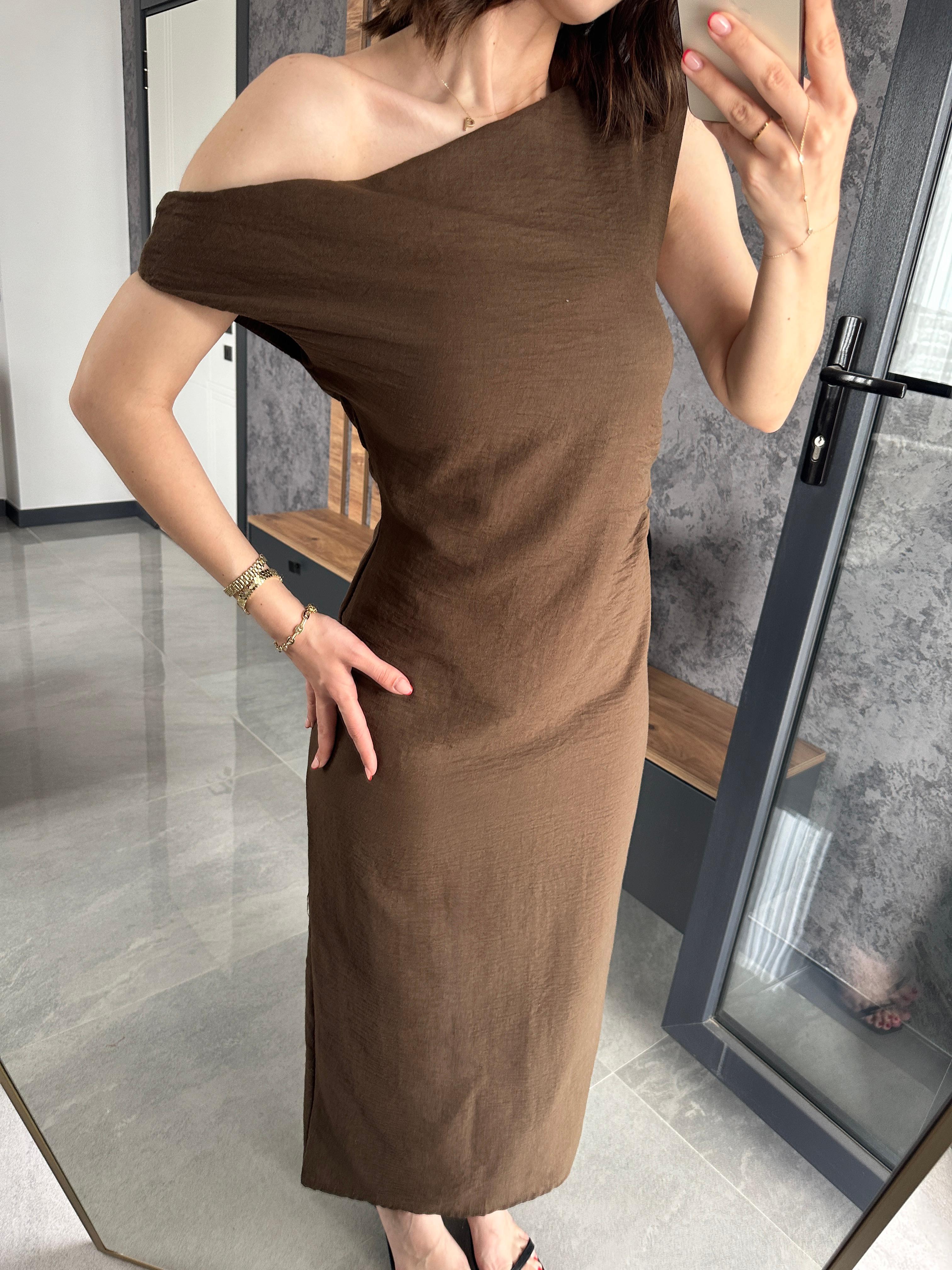 Ham Keten Drape Detay Elbise Kahve