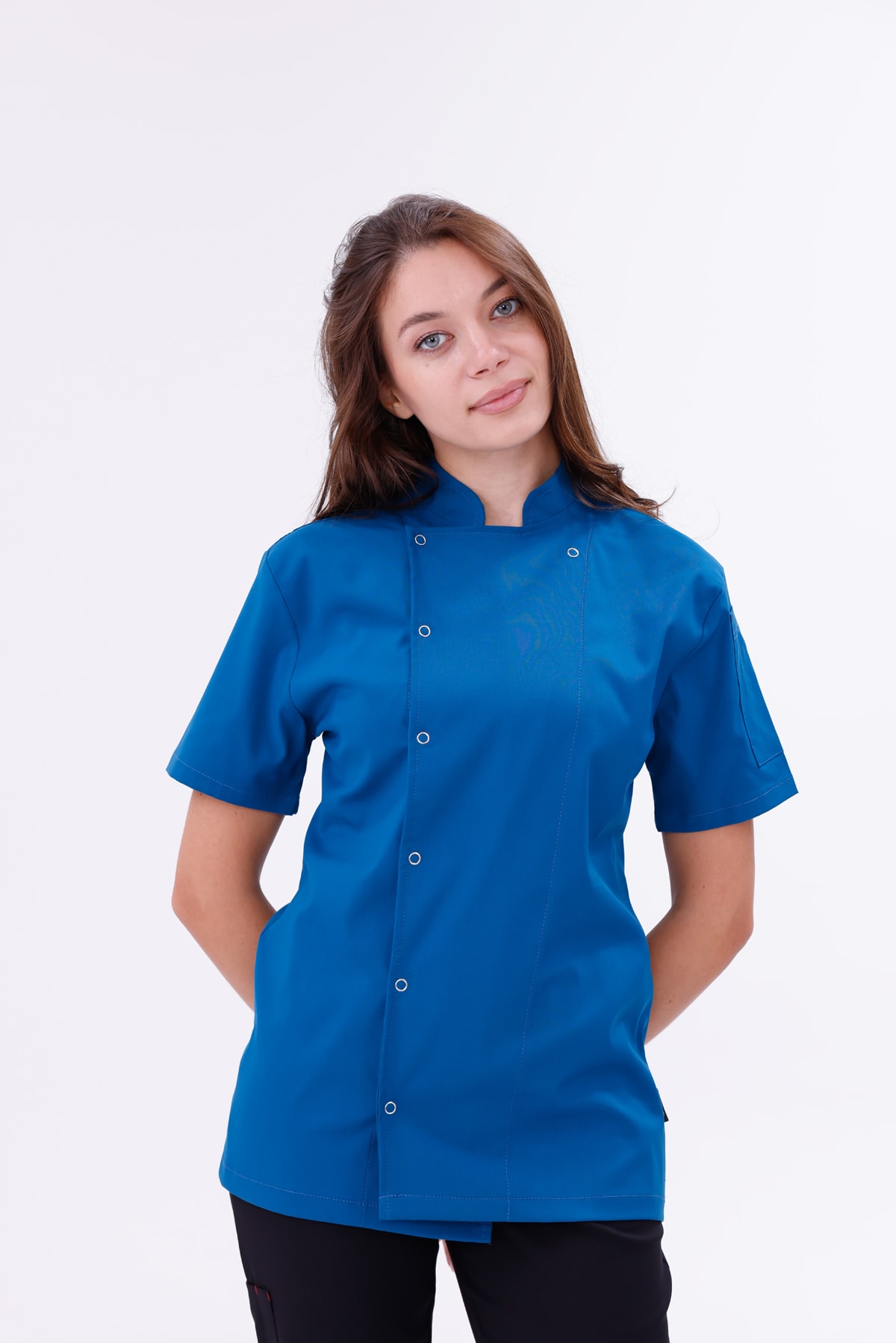 Kadın Apollon Petrol Mavi (Şef-Ceketi & Kısa-Kol) Likralı