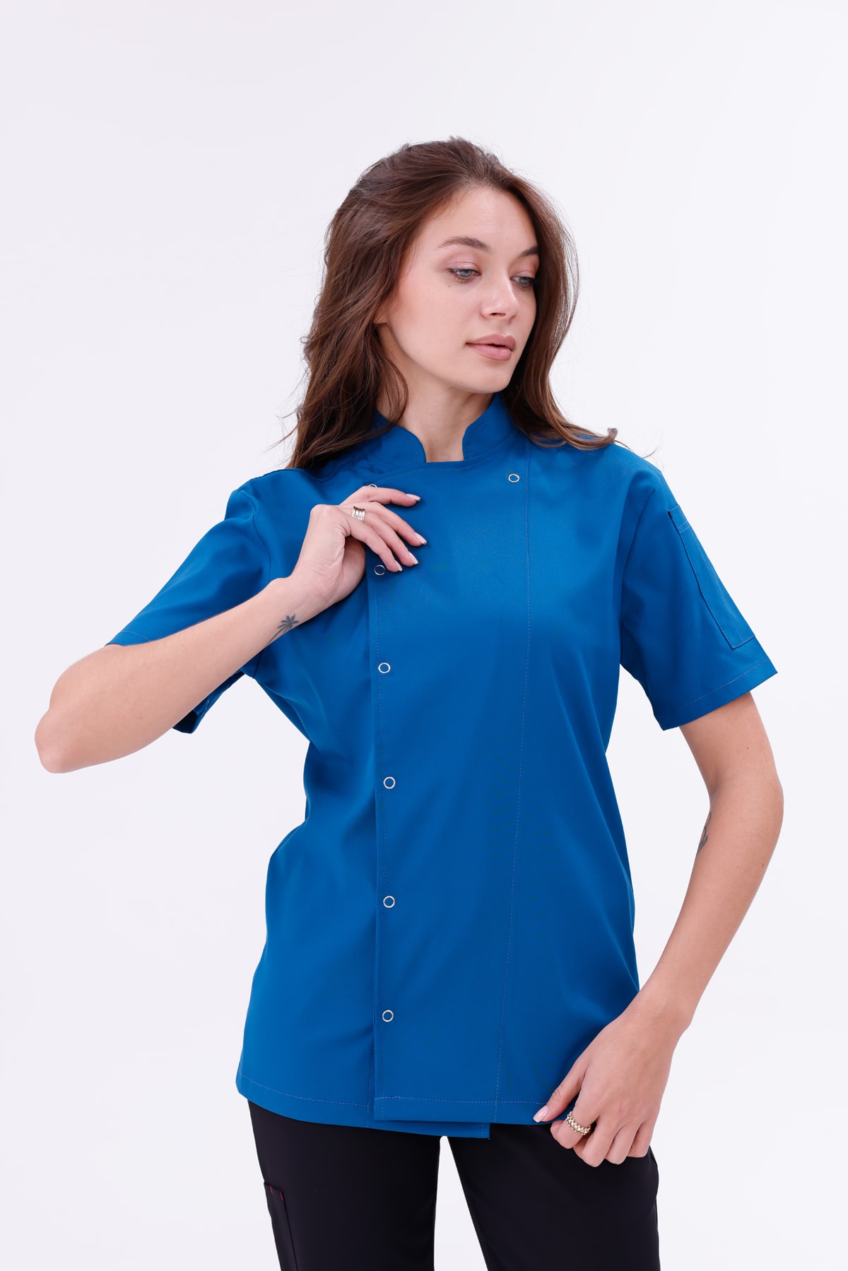 Kadın Apollon Petrol Mavi (Şef-Ceketi & Kısa-Kol) Likralı