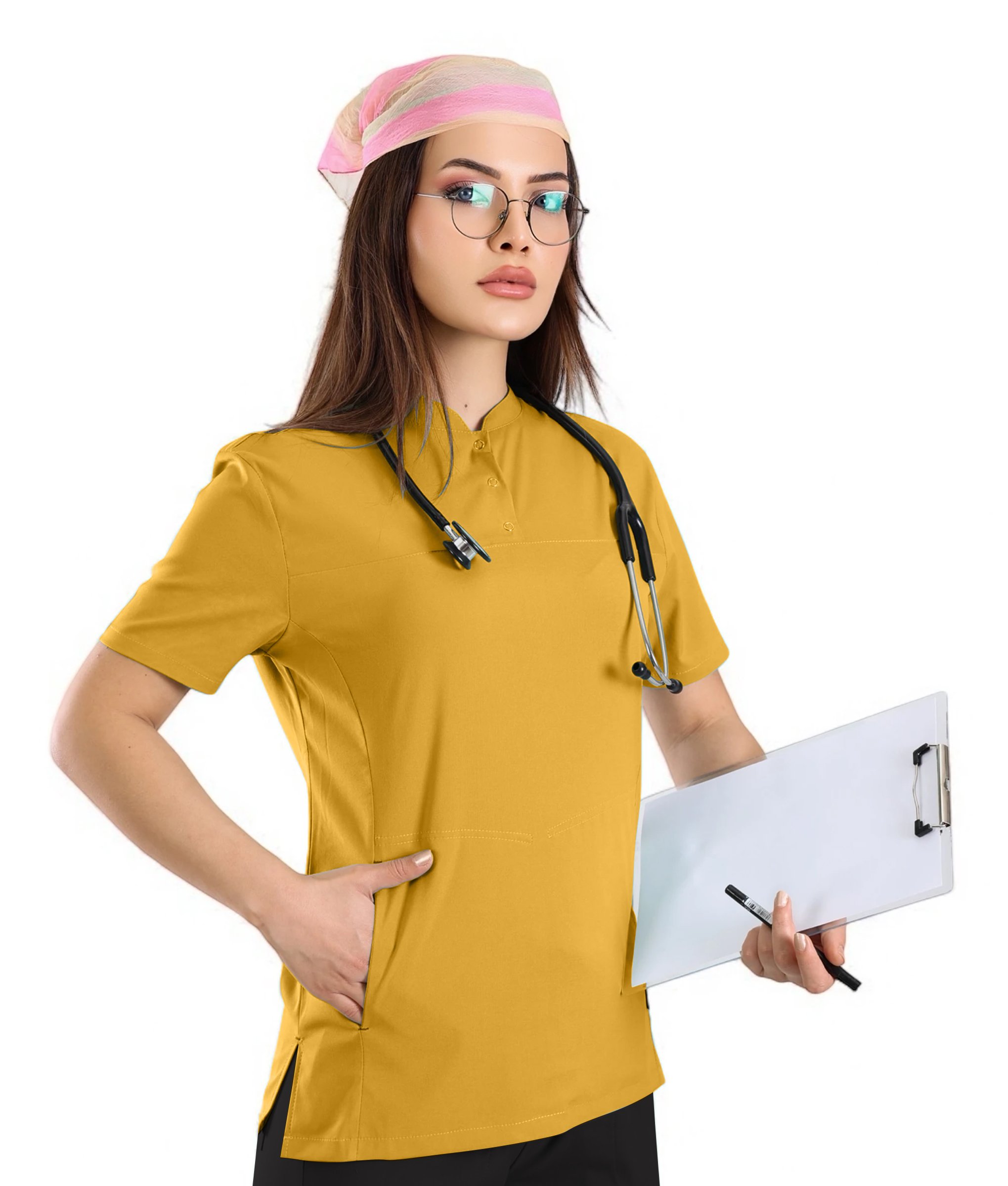 Kadın KYBELE Hardal (Tek-Üst) Likralı Scrubs