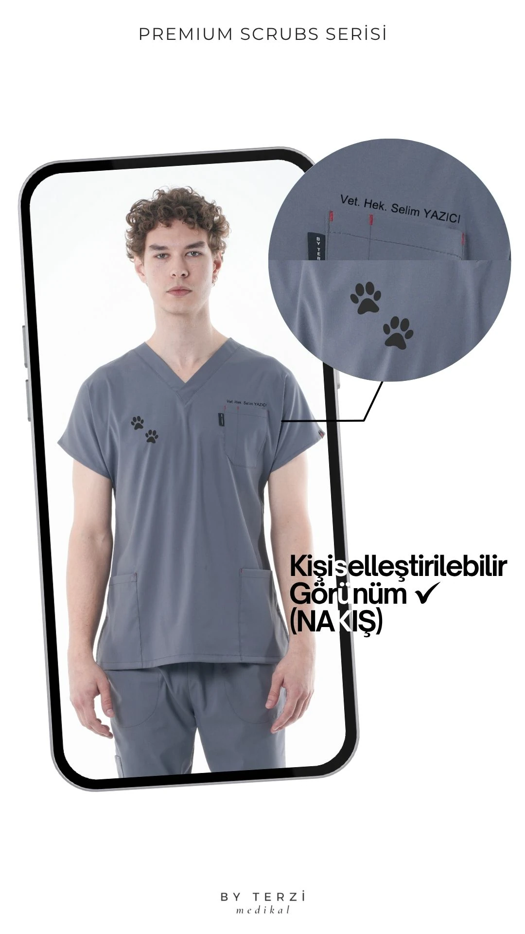 Erkek Y-PREMIUM Antrasit (Tek-Üst) Likralı Scrubs