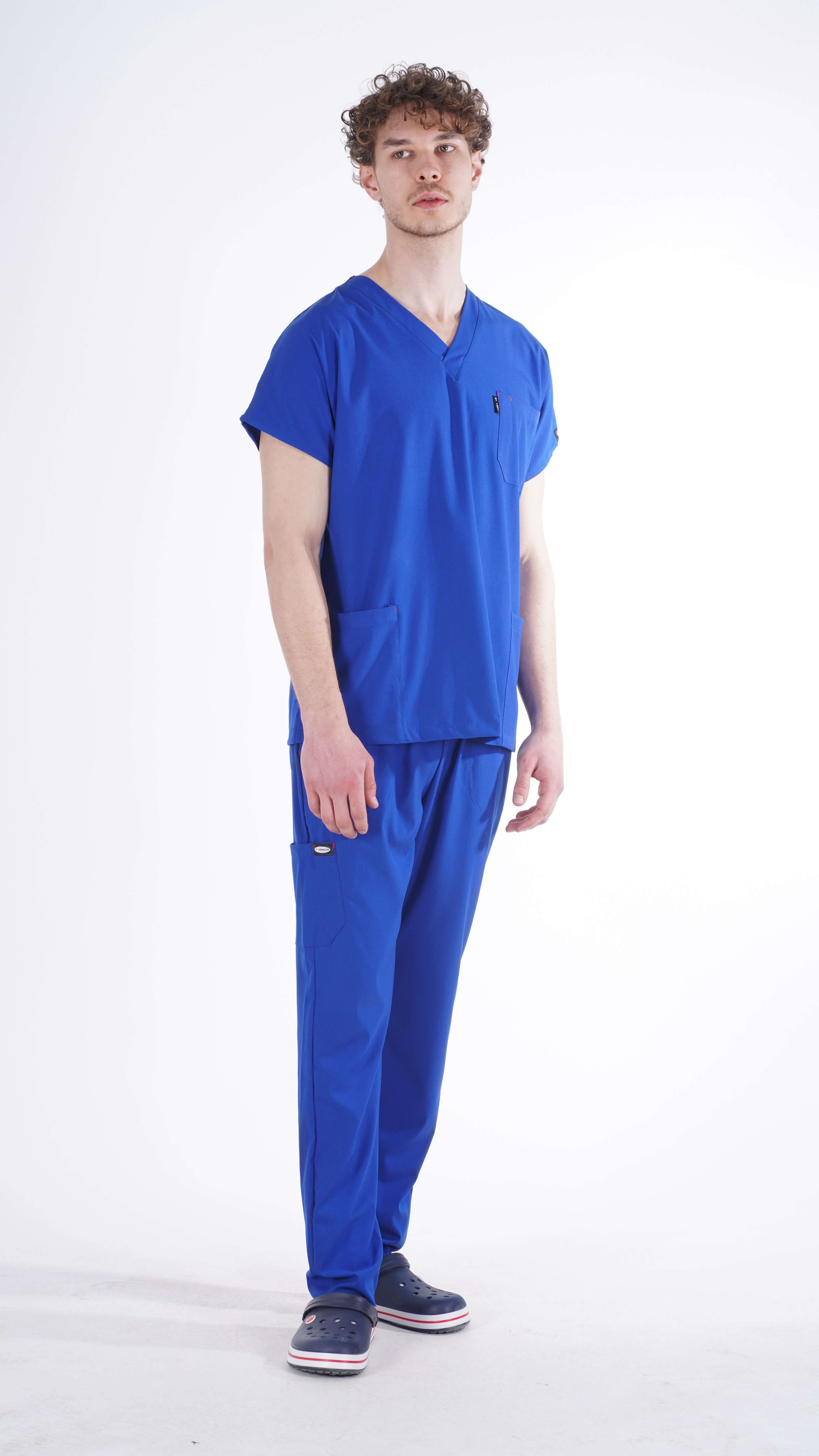 Erkek Y-PREMIUM Saks Mavi (Takım) Likralı Scrubs