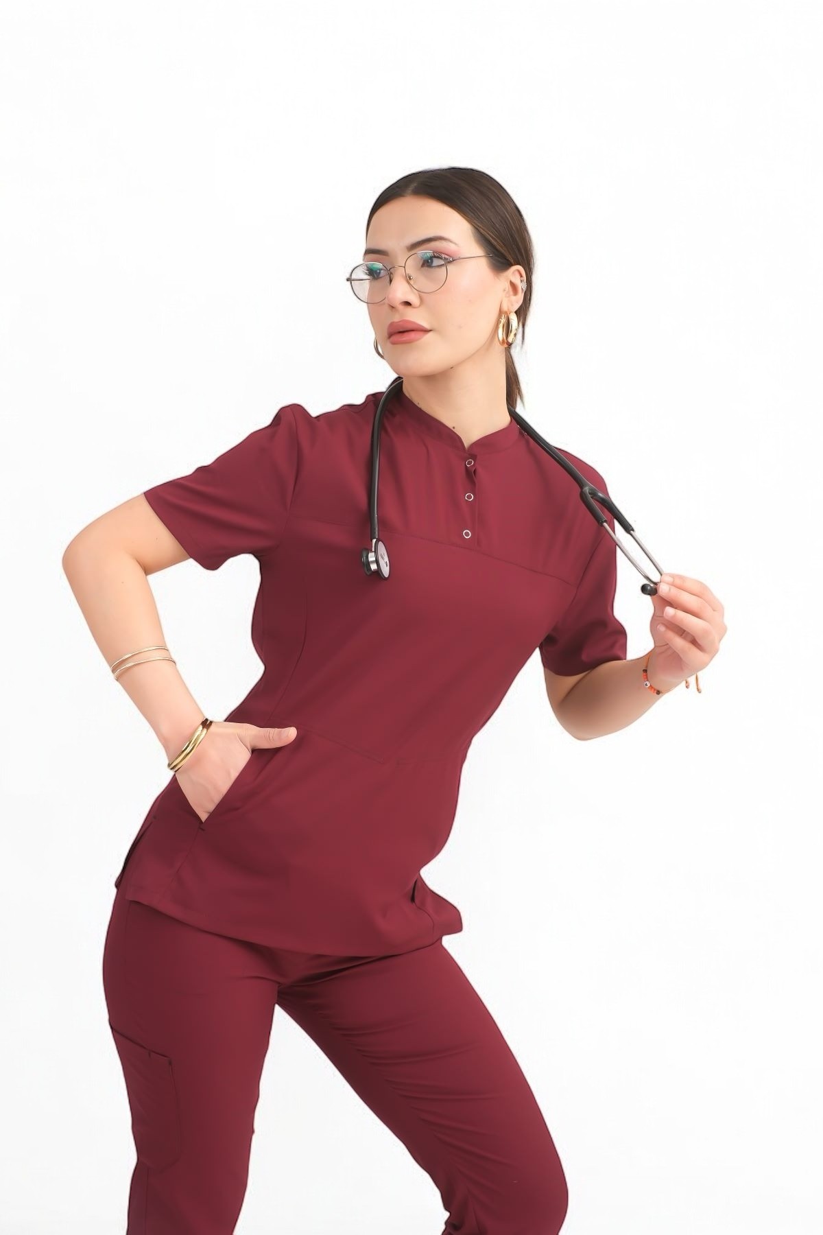 Kadın KYBELE Bordo (Tek-Üst) Likralı Scrubs