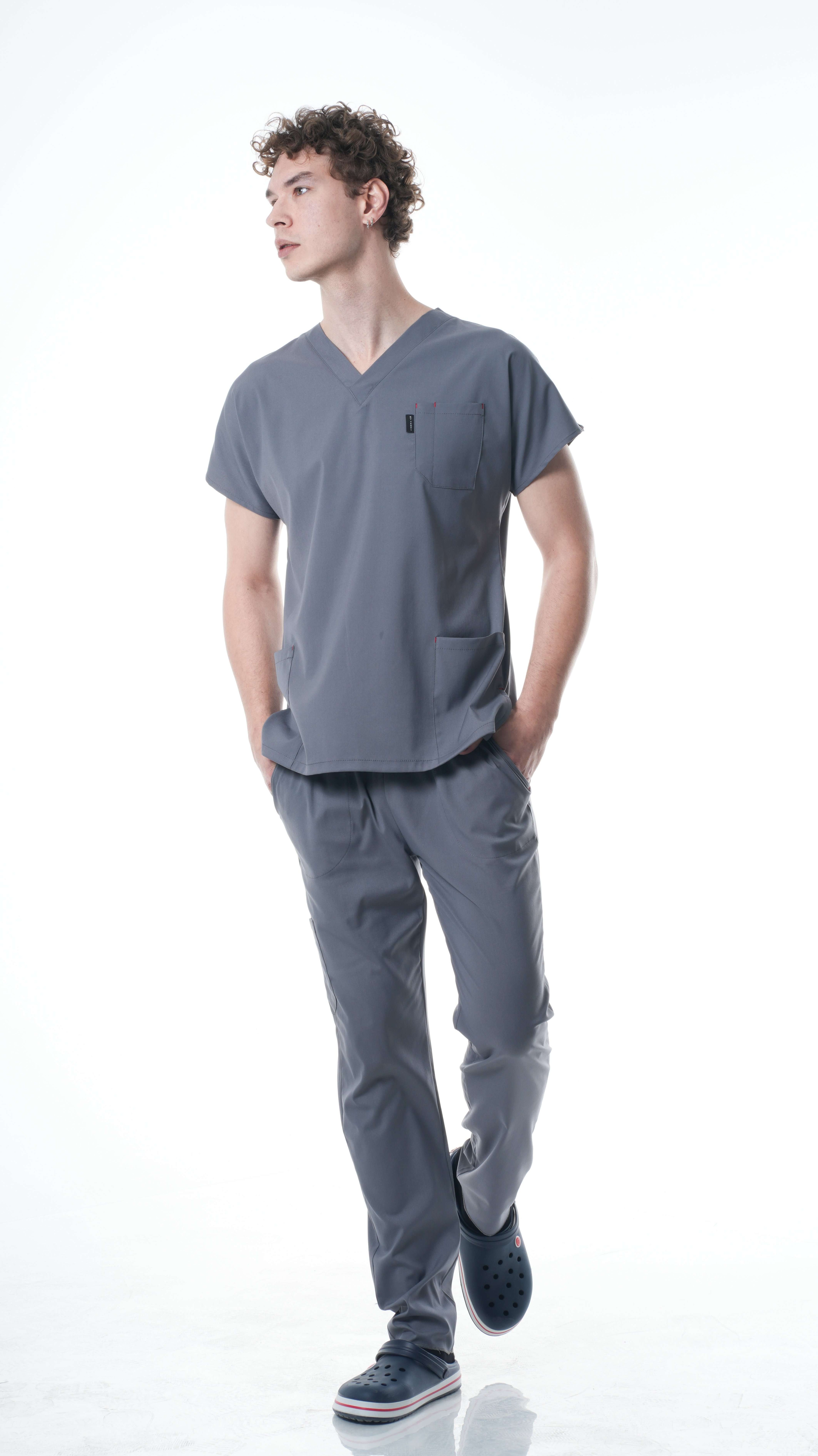 Erkek Y-PREMIUM Gri (Takım) Likralı Scrubs