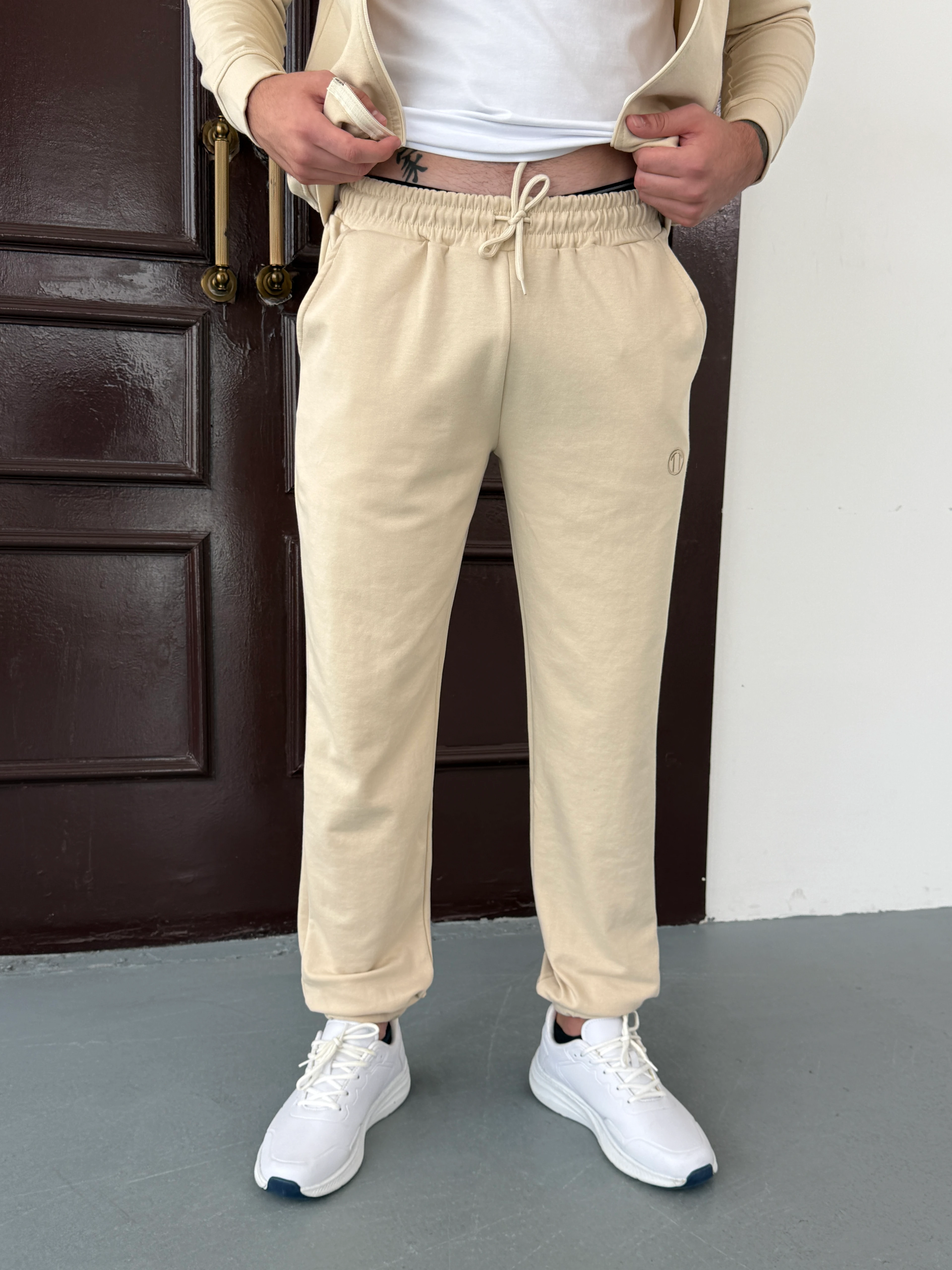  Double Face Modal Kumaş Fermuarlı Unisex Sweat&Alt  KREM Eşofman Takımı 