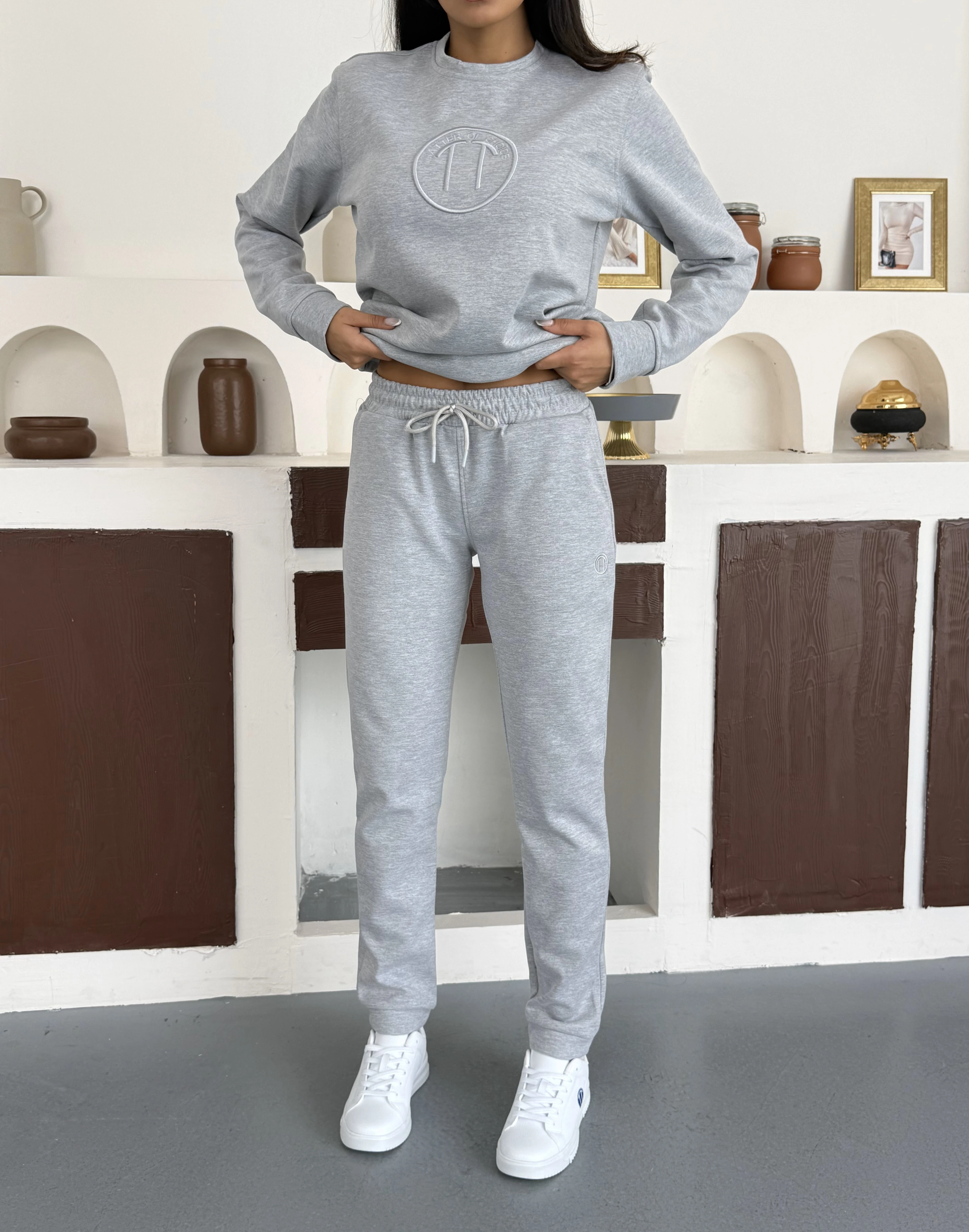 Unisex Beli Bağlamalı (Double Face) Pamuklu Cepli GRİ Melanj Reçmeli Paça Eşofman Altı