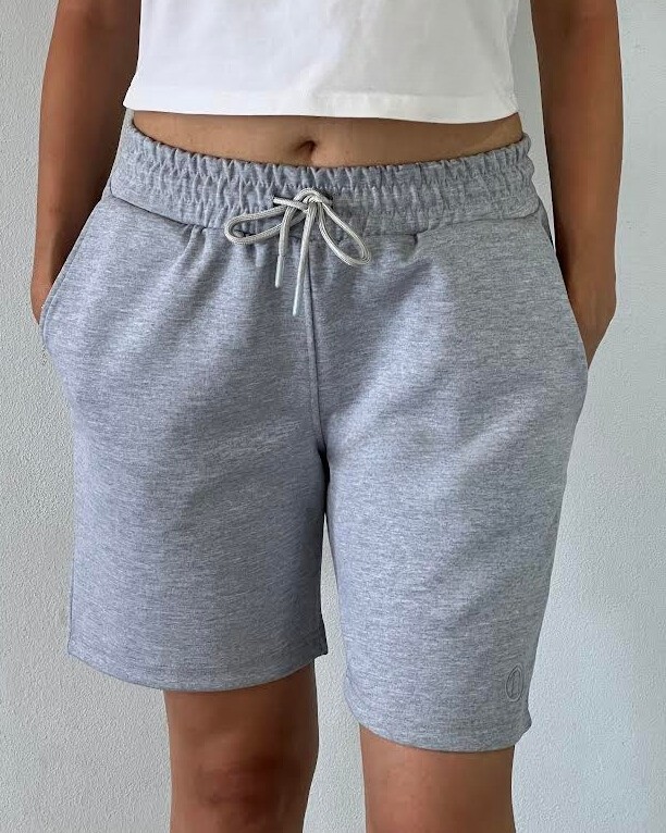 Unisex Beli Bağlamalı (Double Face) Pamuklu Cepli GRİ Melanj Şort