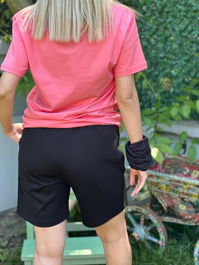 Unisex Beli Bağlamalı Pamuklu Double Face -Cepli Basic SİYAH Şort 