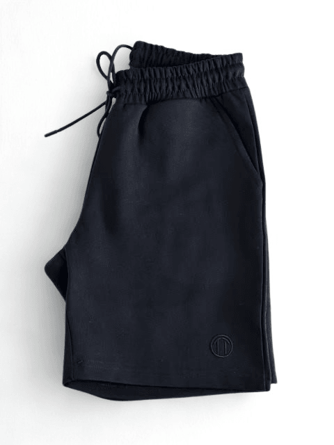 Unisex Beli Bağlamalı Pamuklu Double Face -Cepli Basic SİYAH Şort 