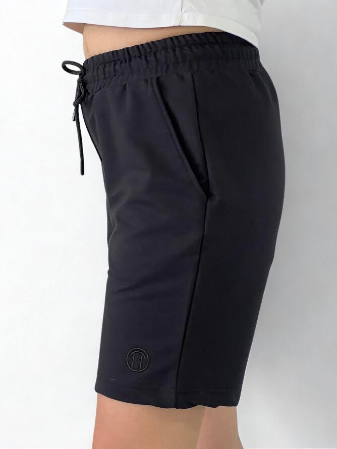 Unisex Beli Bağlamalı Pamuklu Cepli SİYAH Şort