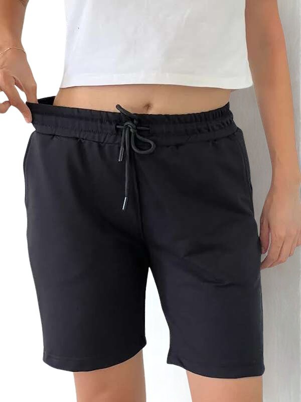 Unisex Beli Bağlamalı Pamuklu Cepli SİYAH Şort