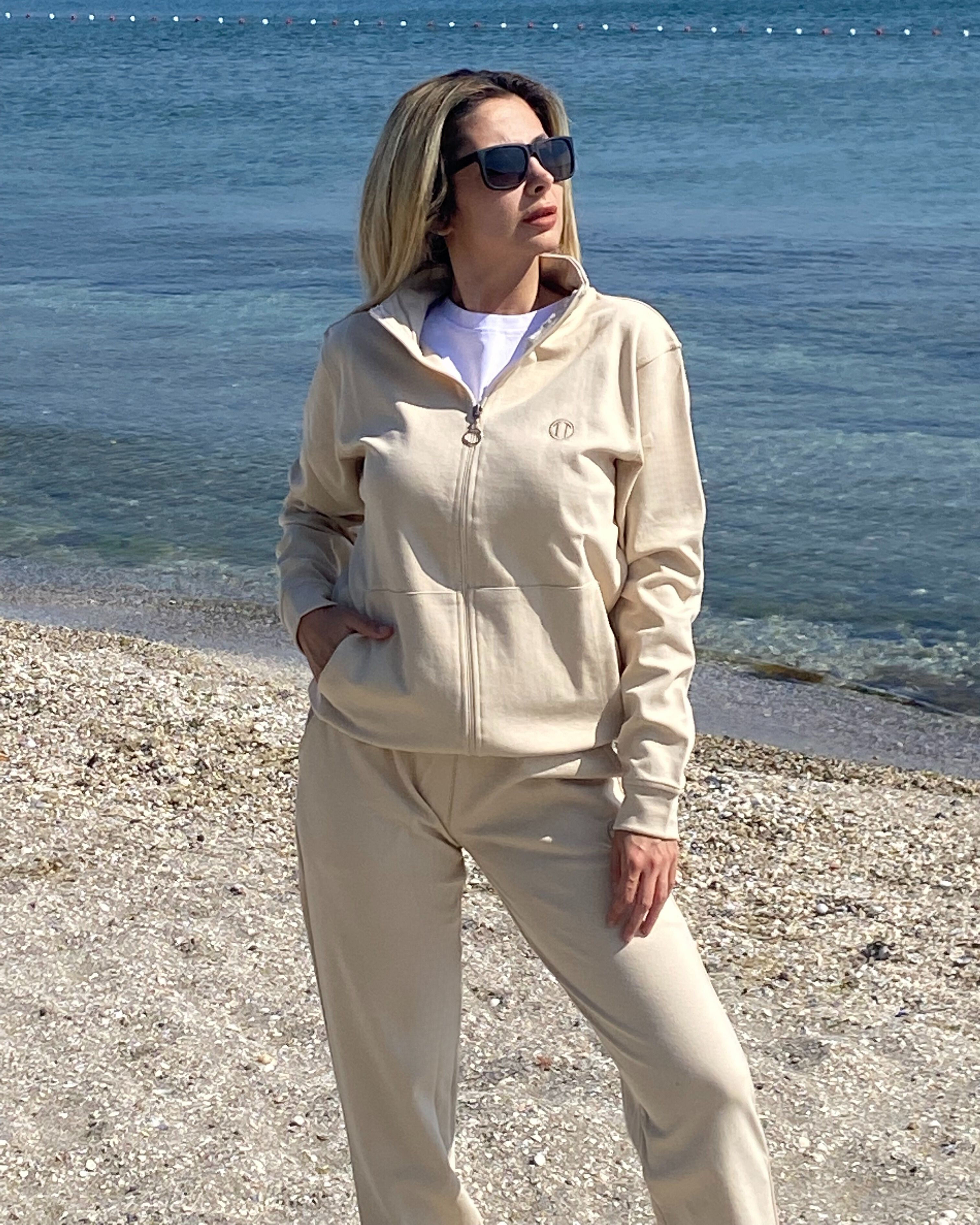  Double Face Modal Kumaş Fermuarlı Unisex Sweat&Alt  KREM Eşofman Takımı 