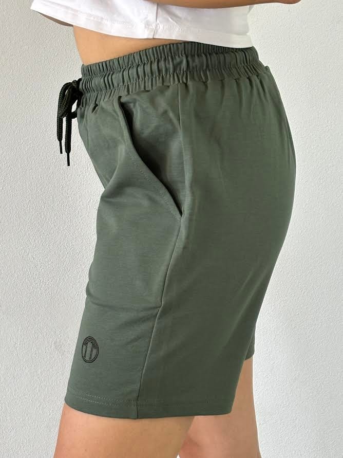 Unisex Beli Bağlamalı Pamuklu-Cepli Basic HAKİ YEŞİL Şort 