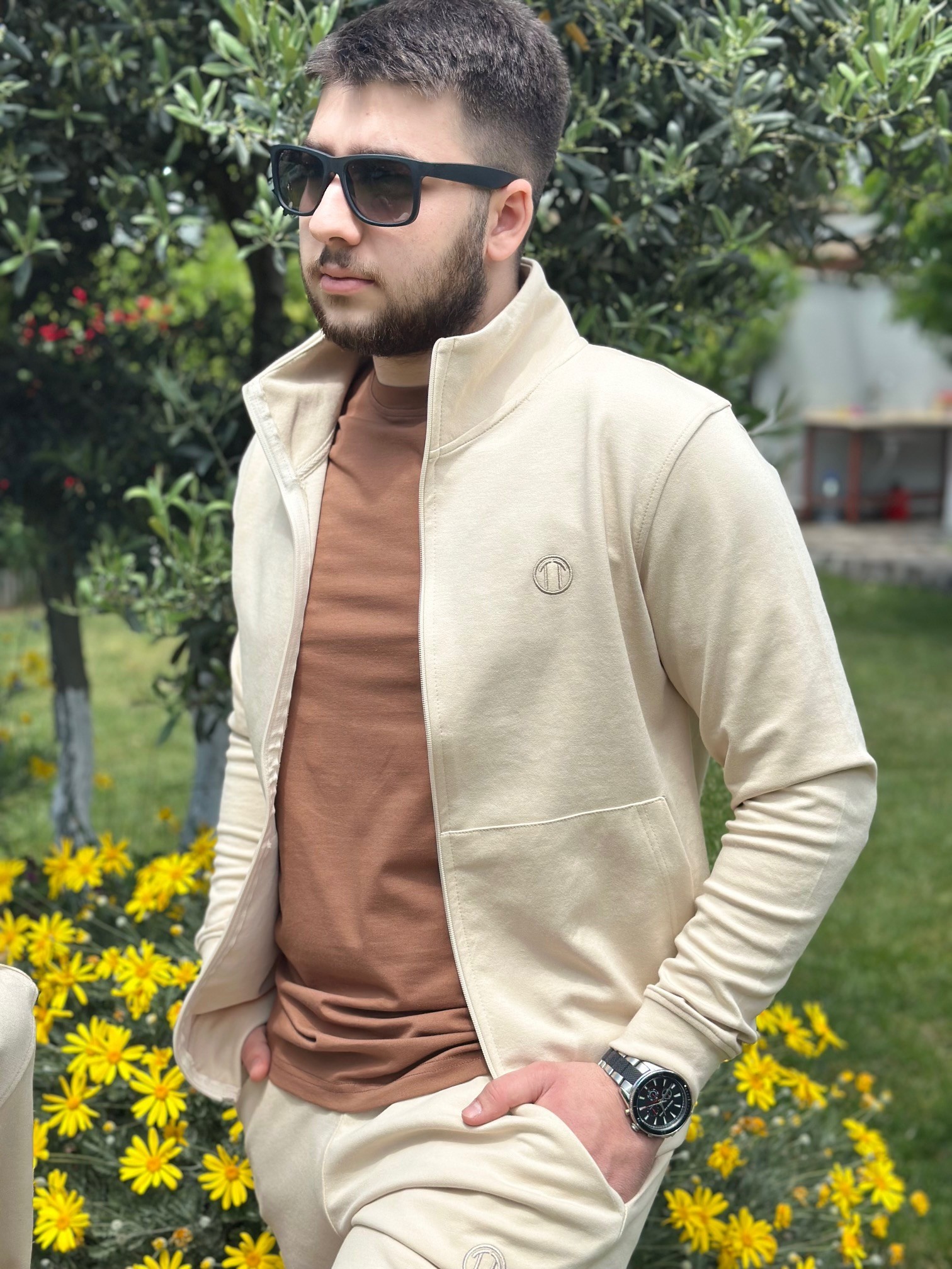  Double Face Modal Kumaş Fermuarlı Unisex Sweat&Alt  KREM Eşofman Takımı 
