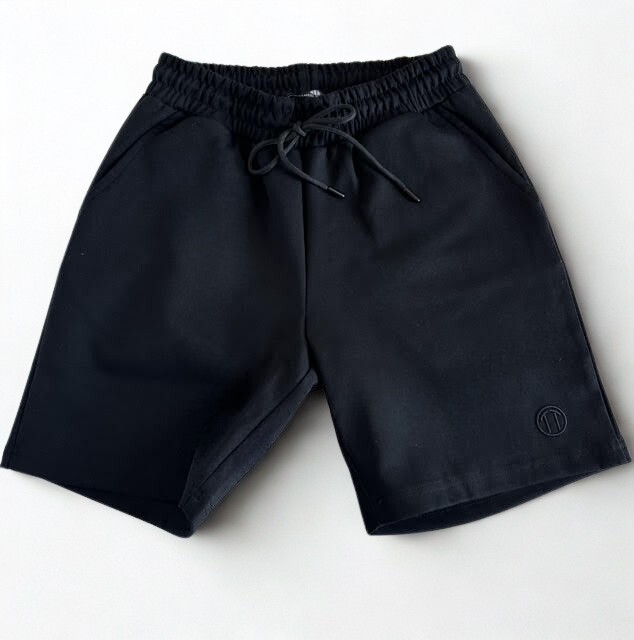Unisex Beli Bağlamalı Pamuklu Double Face -Cepli Basic SİYAH Şort 