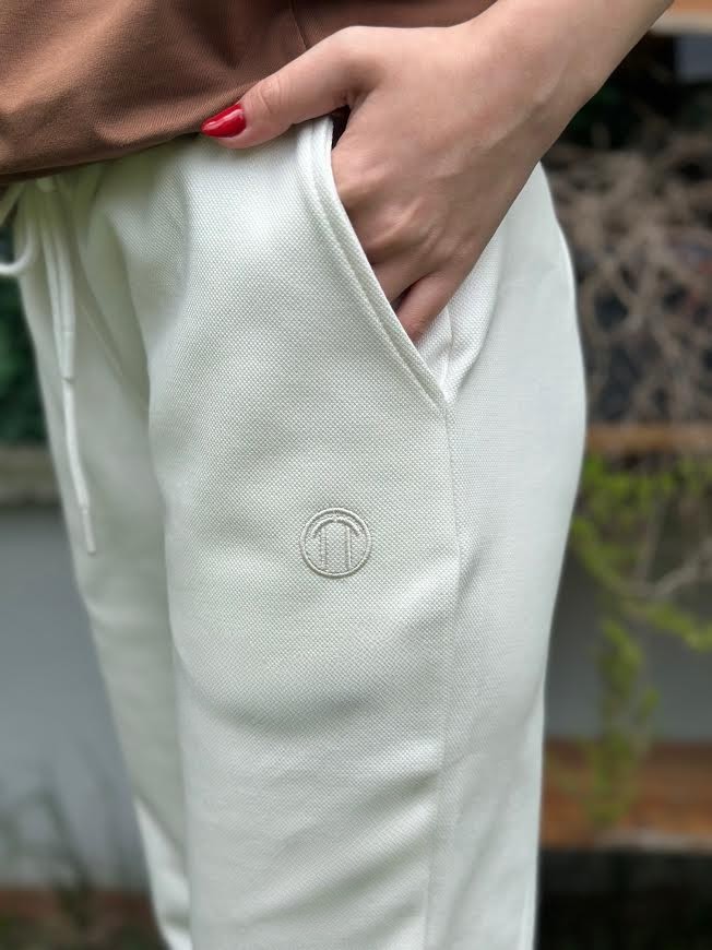 Pike Kumaş Beli Bağlamalı Cepli Ribana Paça BEYAZ Unisex Alt Eşofman