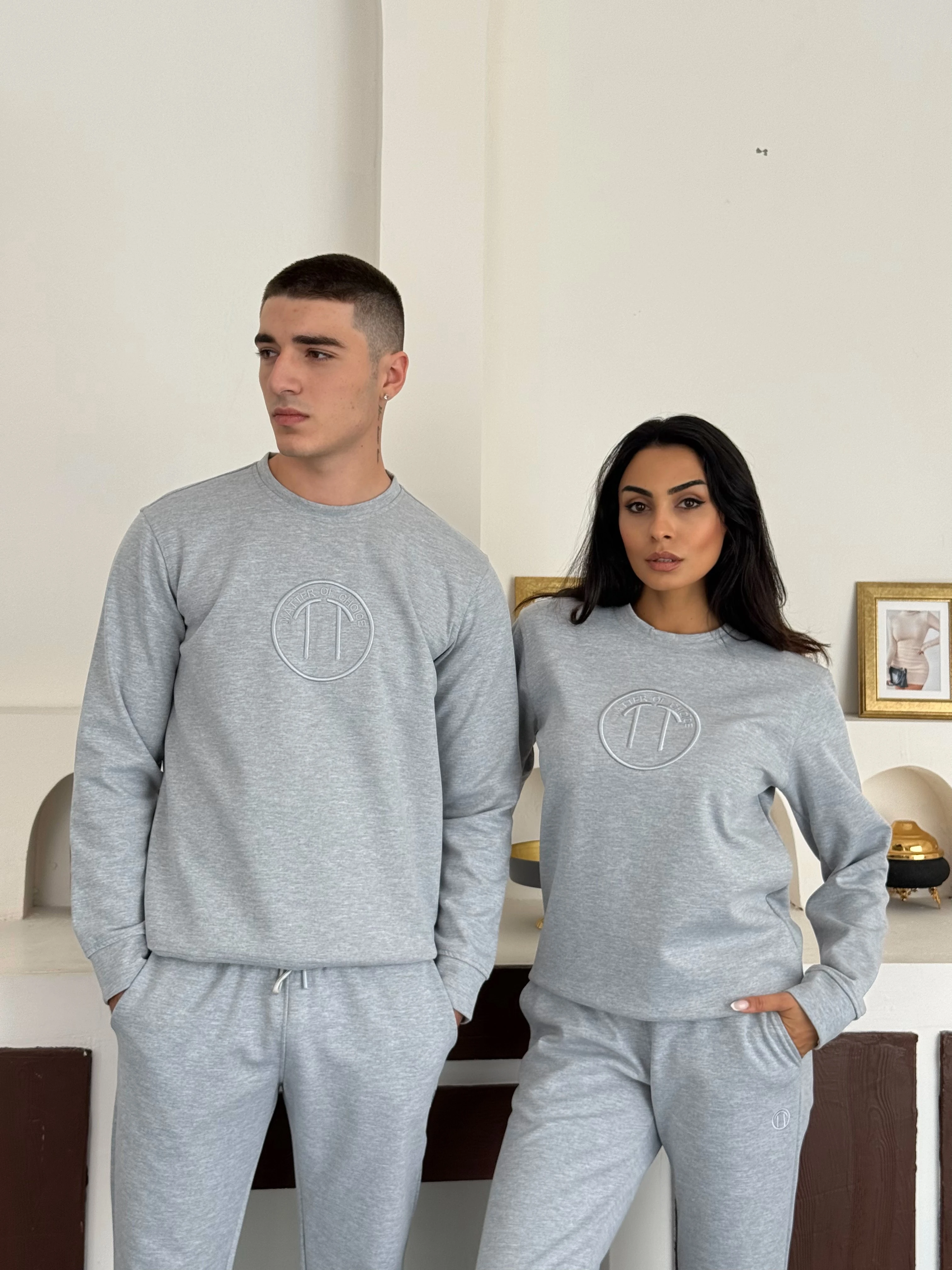 TREE TONE Double Face Bisiklet Yaka Logo Baskılı  Unisex Gri Melanj Sweatshirt