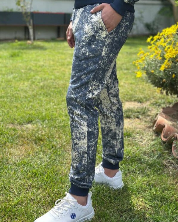 Batik Desen Baskılı Beli Bağlamalı Cepli Ribana Paça MAVİ Unisex Alt Eşofman