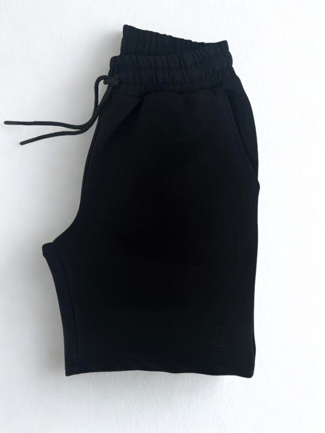 Unisex Beli Bağlamalı Pamuklu Cepli SİYAH Şort