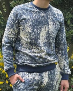 Batik Desen Baskılı Bisiklet Yaka MAVİ Unisex Sweatshirt