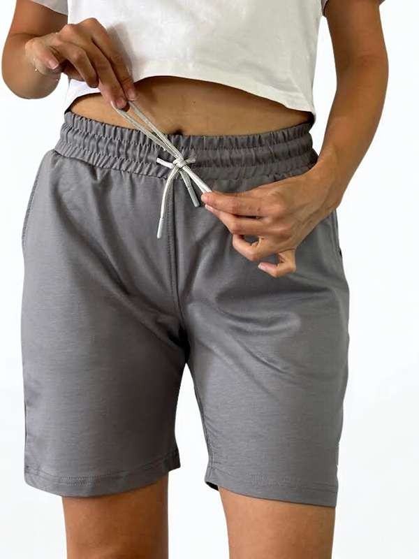 Unisex Beli Bağlamalı Pamuklu Cepli GRİ Şort