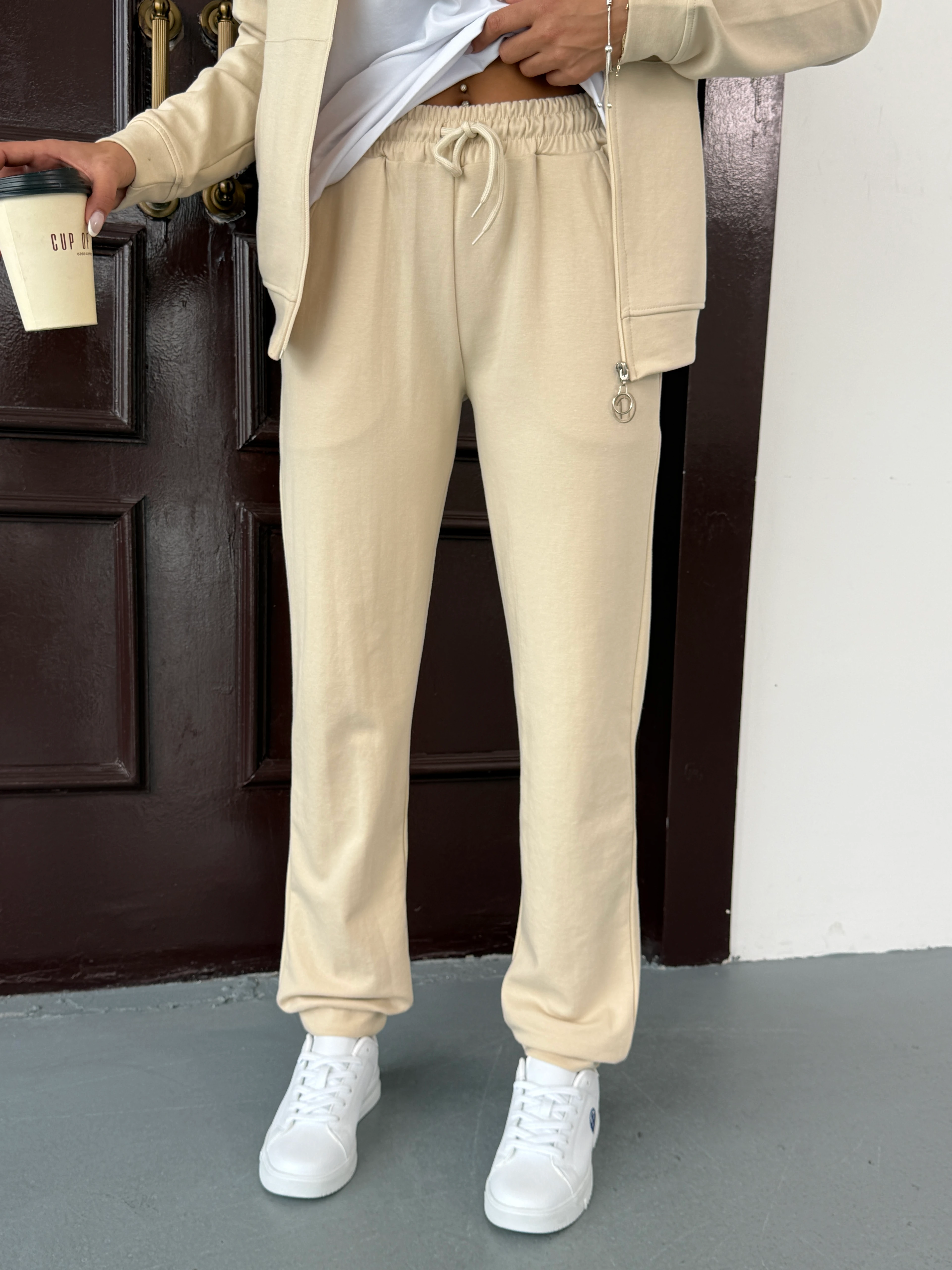  Double Face Modal Kumaş Fermuarlı Unisex Sweat&Alt  KREM Eşofman Takımı 