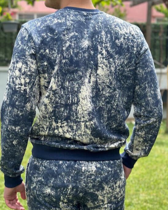 Batik Desen Baskılı Bisiklet Yaka MAVİ Unisex Sweatshirt