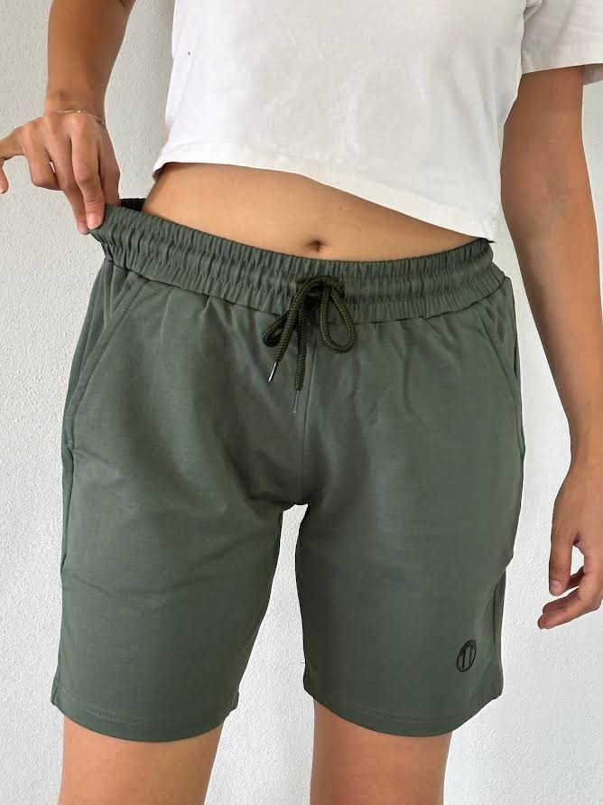 Unisex Beli Bağlamalı Pamuklu-Cepli Basic HAKİ YEŞİL Şort 