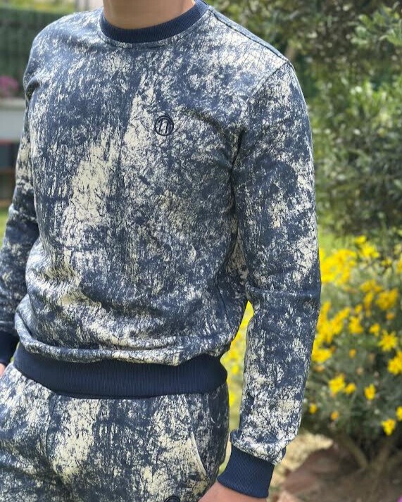 Batik Desen Baskılı Bisiklet Yaka MAVİ Unisex Sweatshirt