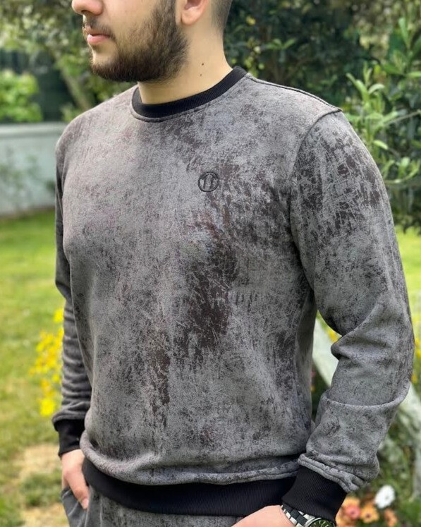 Batik Desen Baskılı Bisiklet Yaka GRİ Unisex Sweatshirt