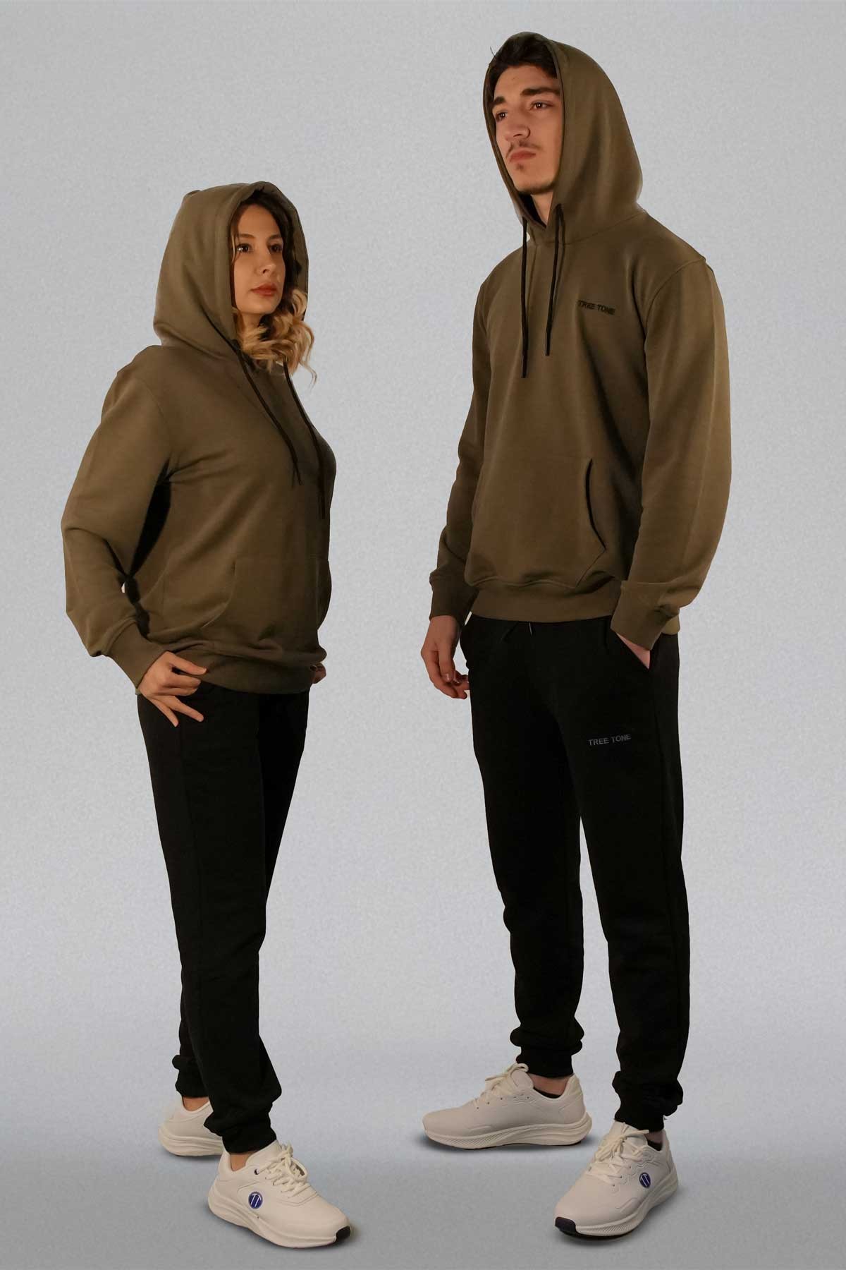 Mevsimlik Üç İplik Diagonel Kumaş Modern İkili HAKİ Kapüşonlu Üst, SİYAH Alt Unisex Eşofman Takımı 