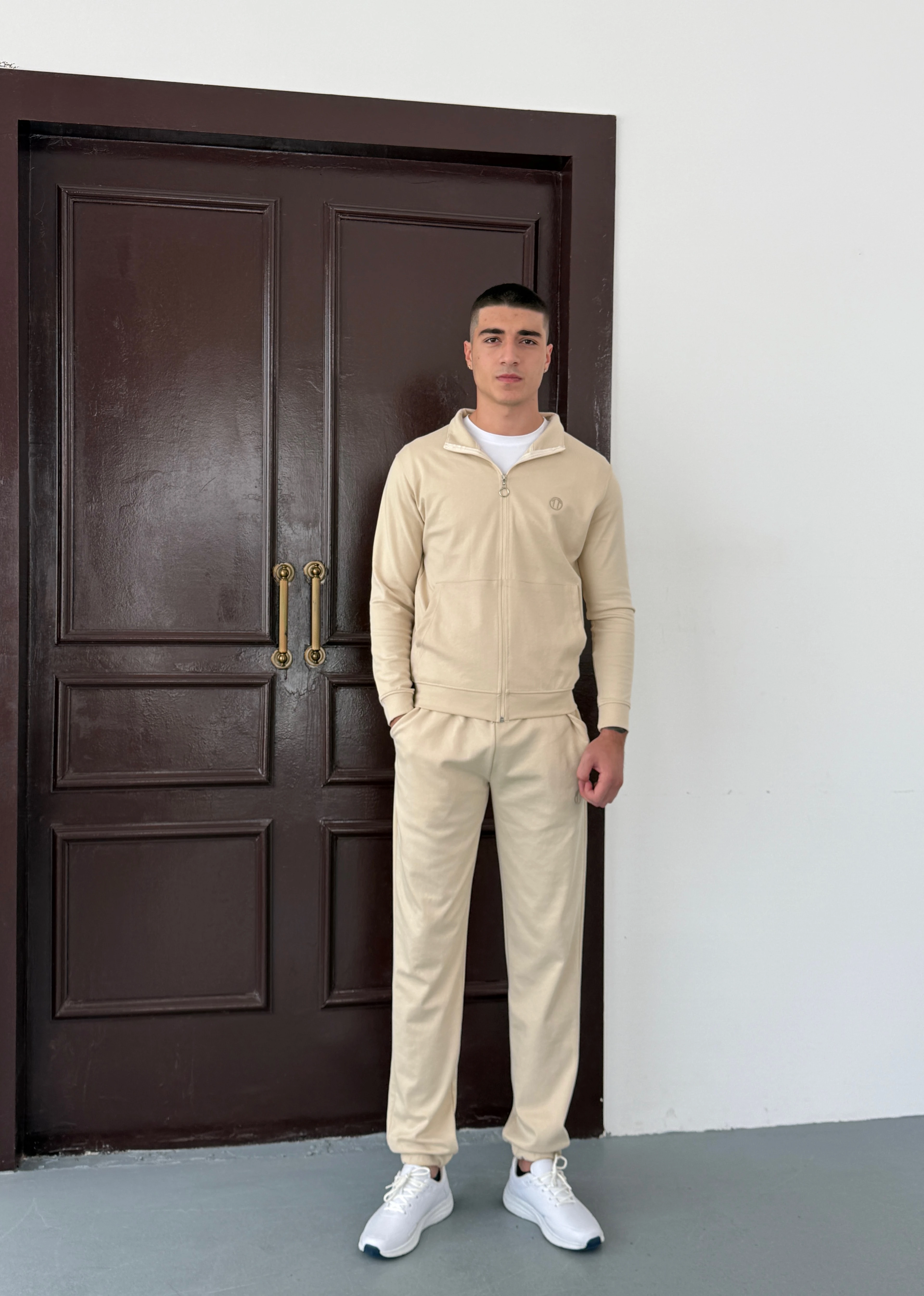  Double Face Modal Kumaş Fermuarlı Unisex Sweat&Alt  KREM Eşofman Takımı 