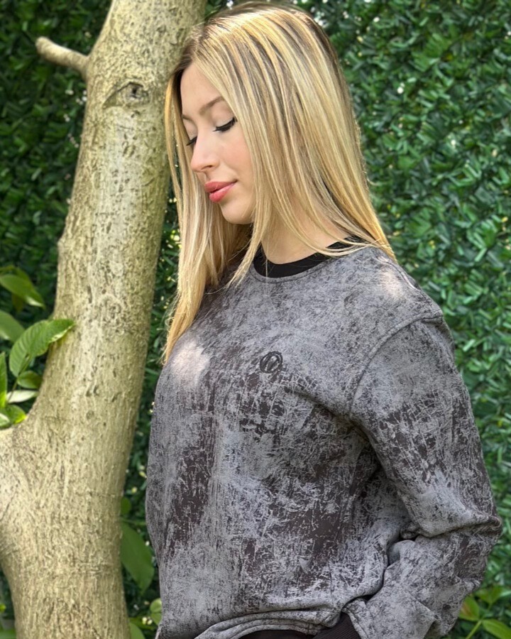 Batik Desen Baskılı Bisiklet Yaka GRİ Unisex Sweatshirt