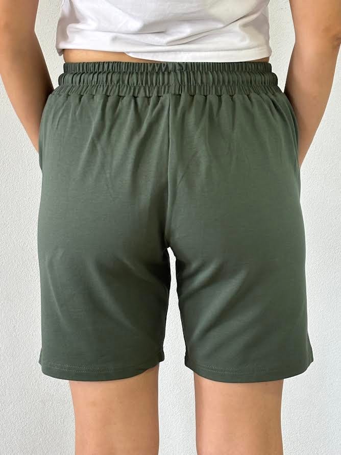 Unisex Beli Bağlamalı Pamuklu-Cepli Basic HAKİ YEŞİL Şort 