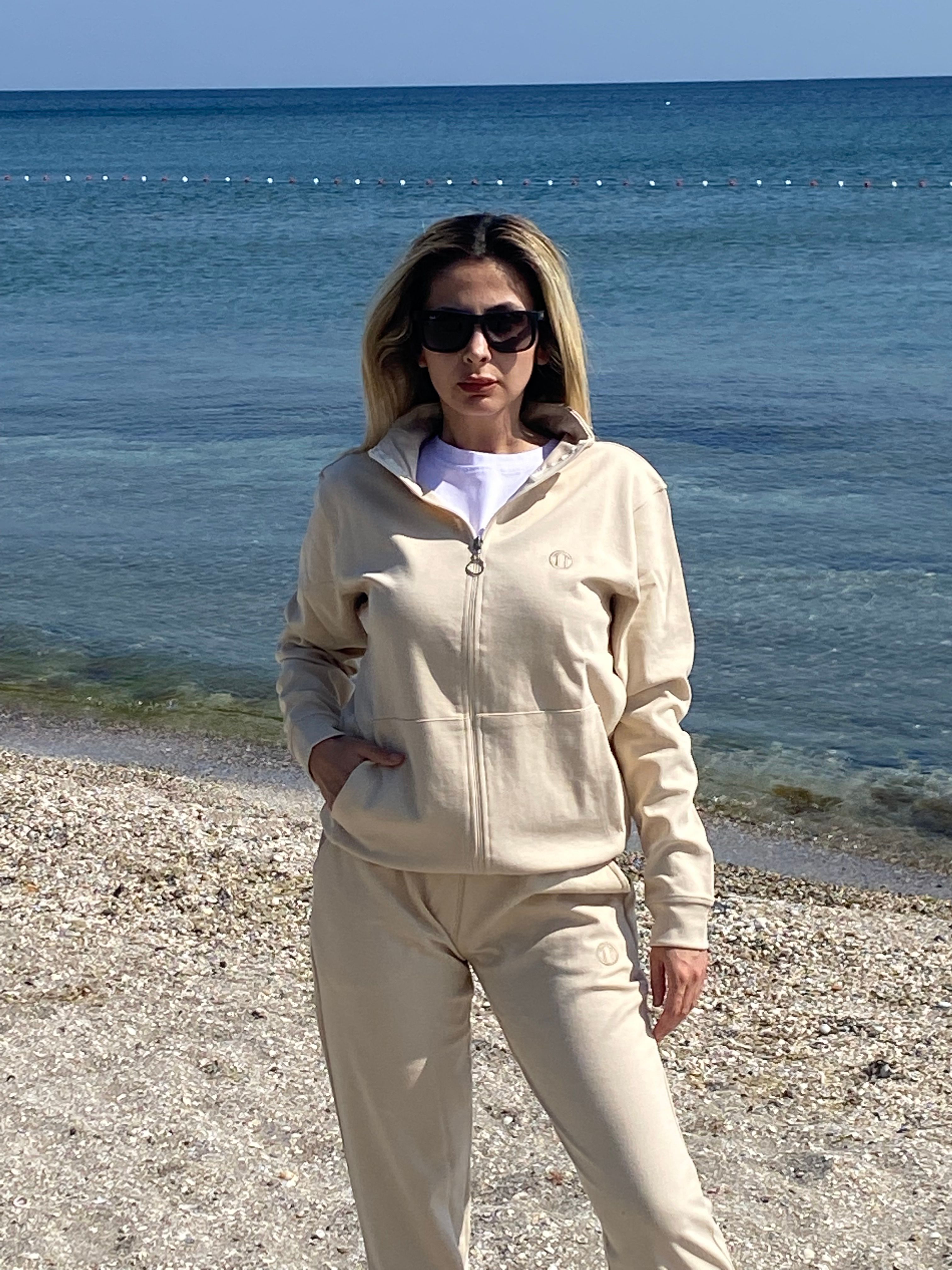  Double Face Modal Kumaş Fermuarlı Unisex Sweat&Alt  KREM Eşofman Takımı 
