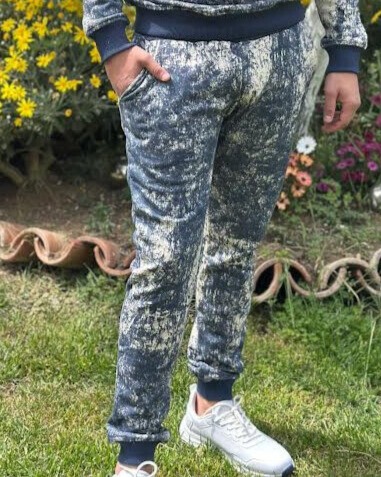 Batik Desen Baskılı Beli Bağlamalı Cepli Ribana Paça MAVİ Unisex Alt Eşofman