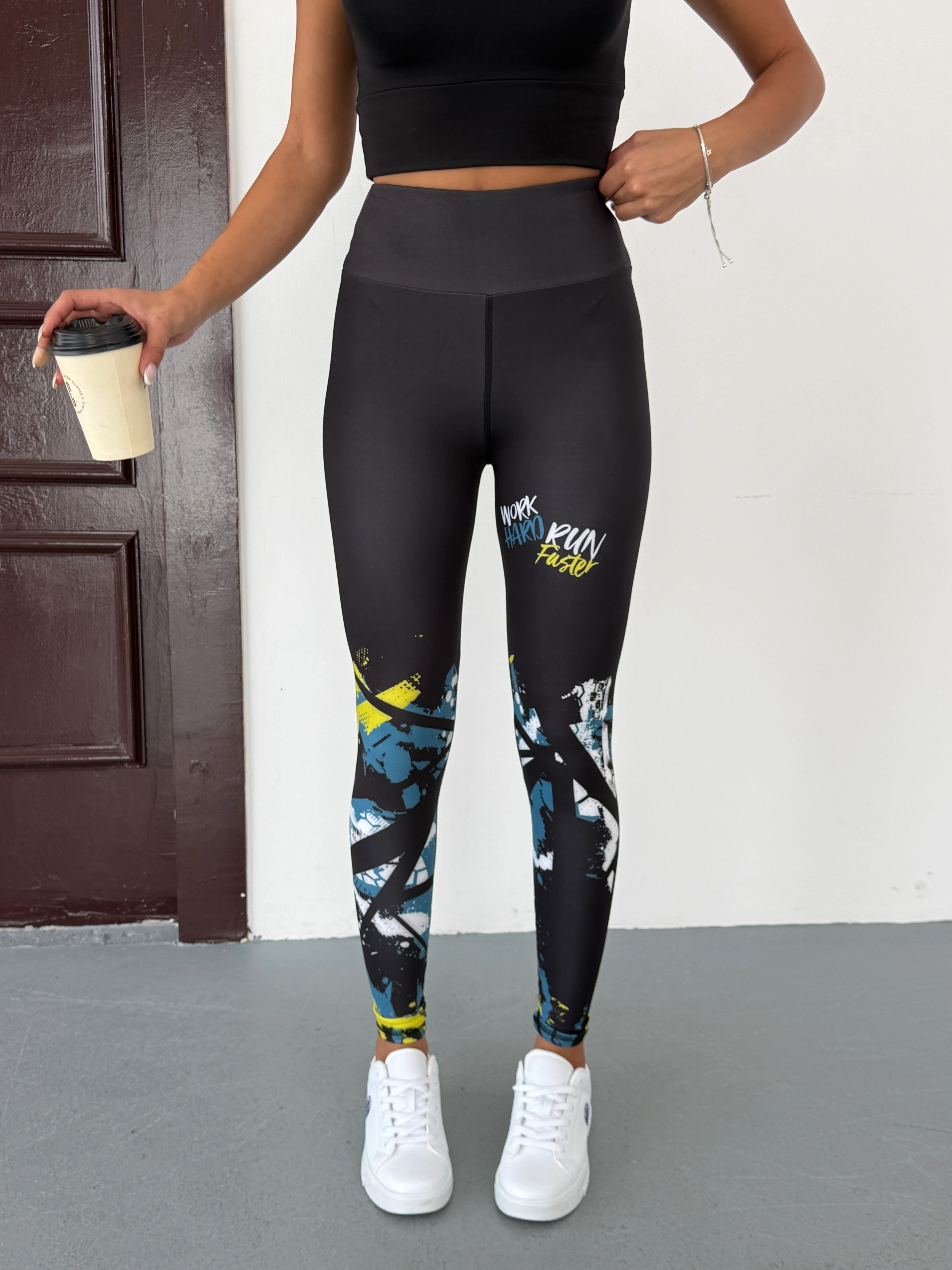 3D Baskılı Likralı/ Pamuklu Özel Tasarım Premium Kalite RUN Desenli Tayt&Crop Takım