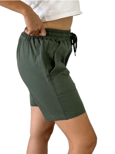 Unisex Beli Bağlamalı Pamuklu-Cepli Basic HAKİ YEŞİL Şort 