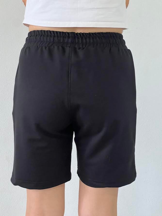 Unisex Beli Bağlamalı Pamuklu Cepli SİYAH Şort